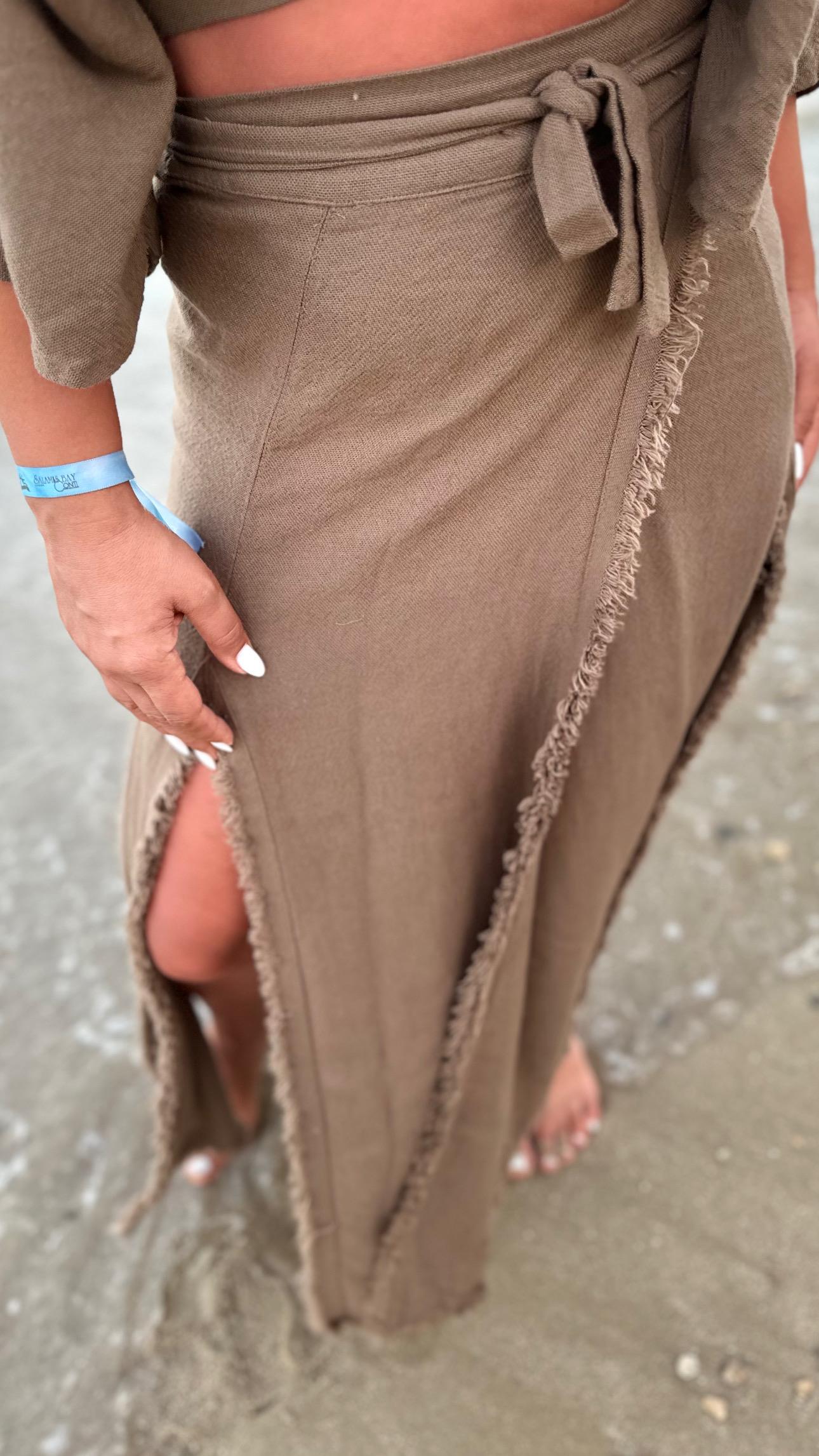 Coffee-colored 100% Cotton Tasseled Panelled Tie-Up Skirt
