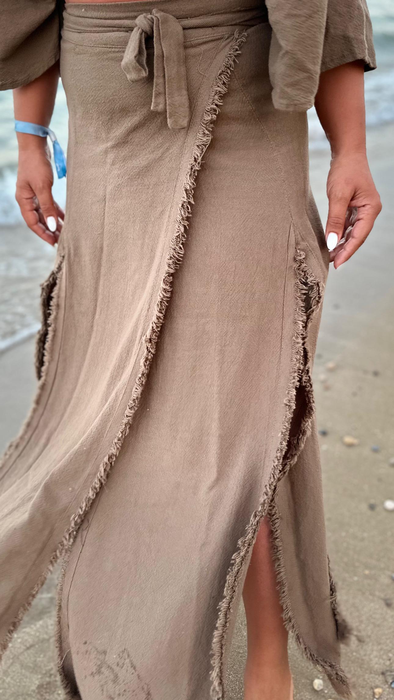 Coffee-colored 100% Cotton Tasseled Panelled Tie-Up Skirt