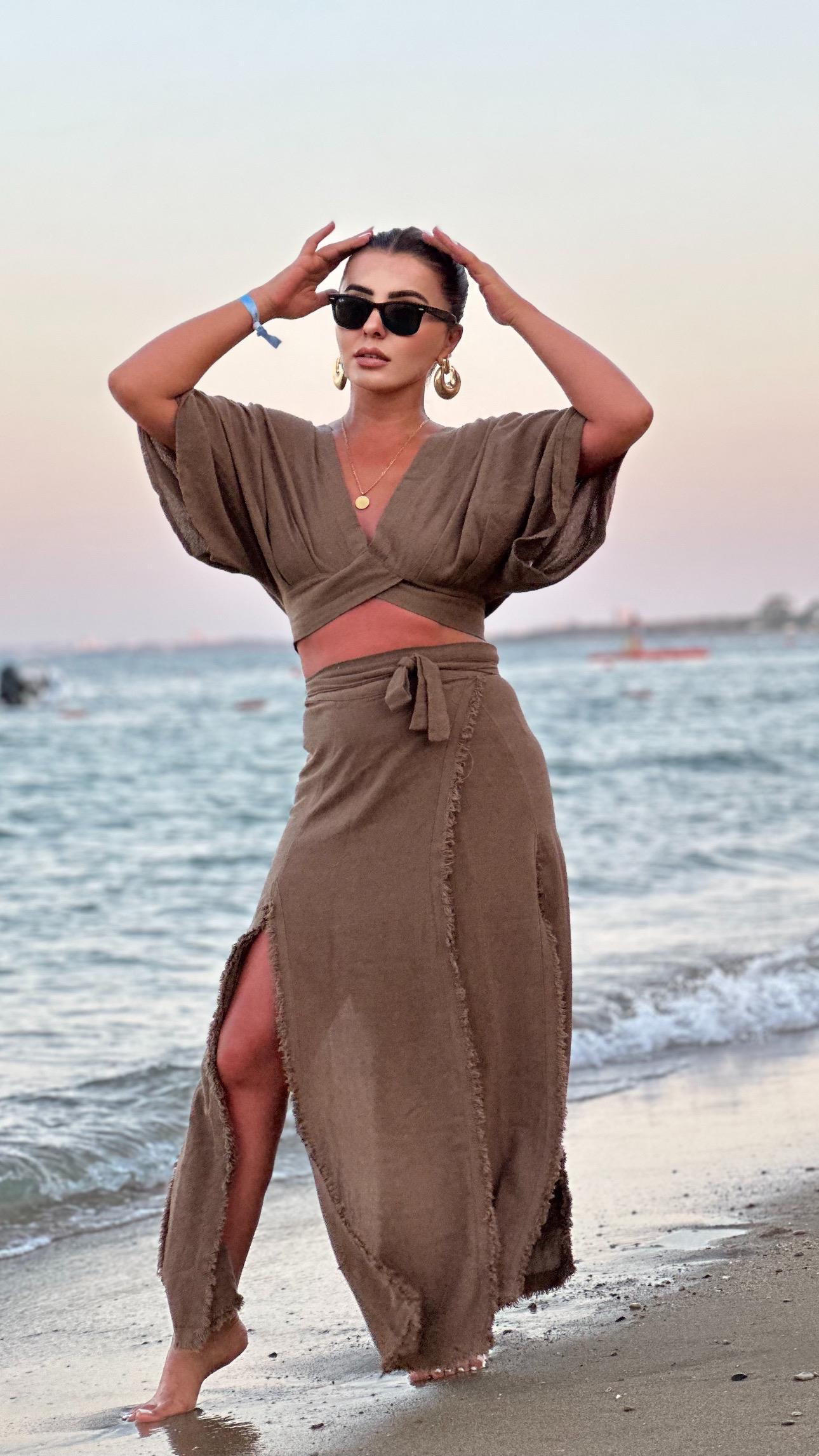 Coffee-colored 100% Cotton Tasseled Panelled Tie-Up Skirt