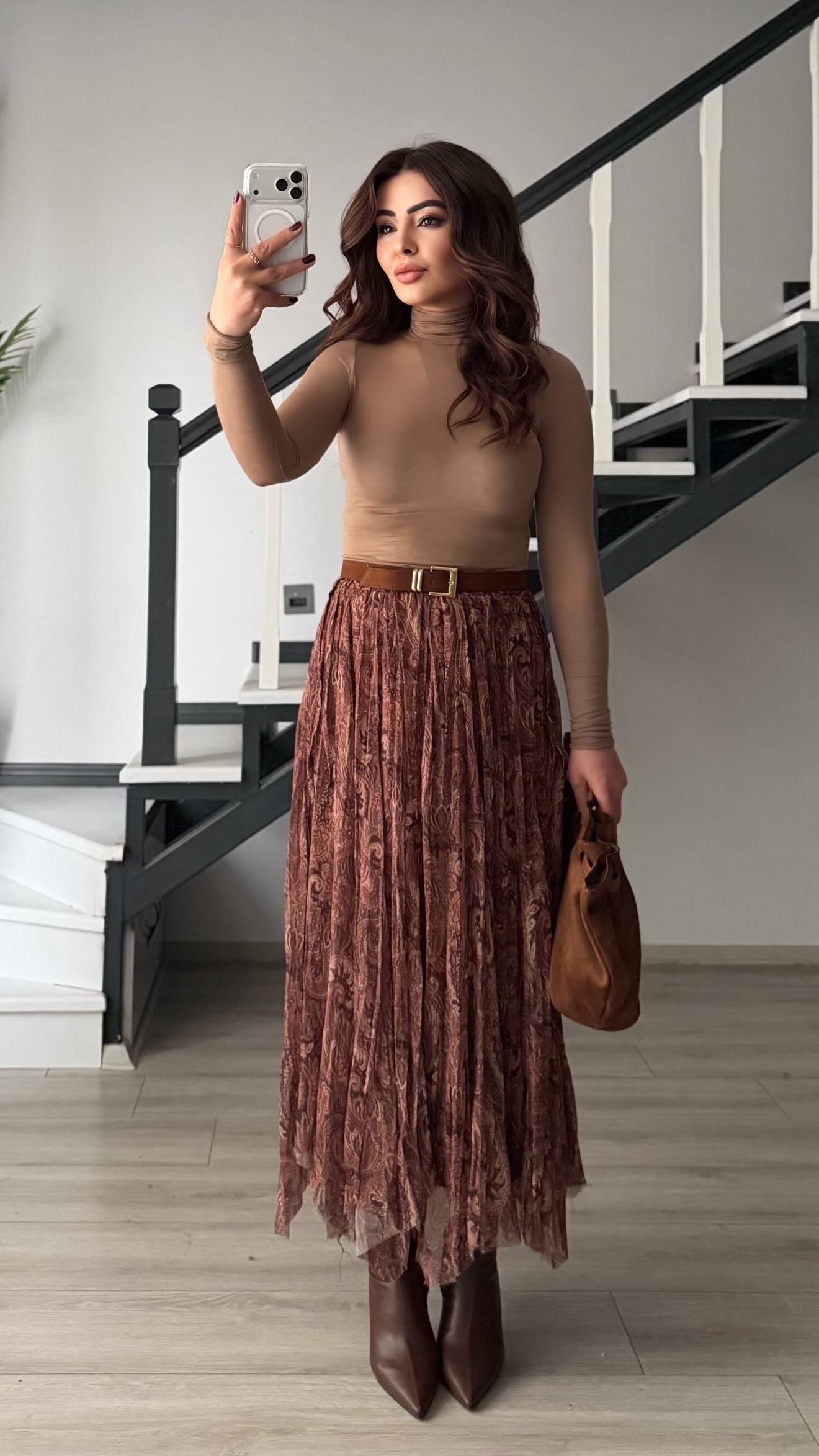 Kahve Astarlı Bel Lastikli Asimetrik Etek