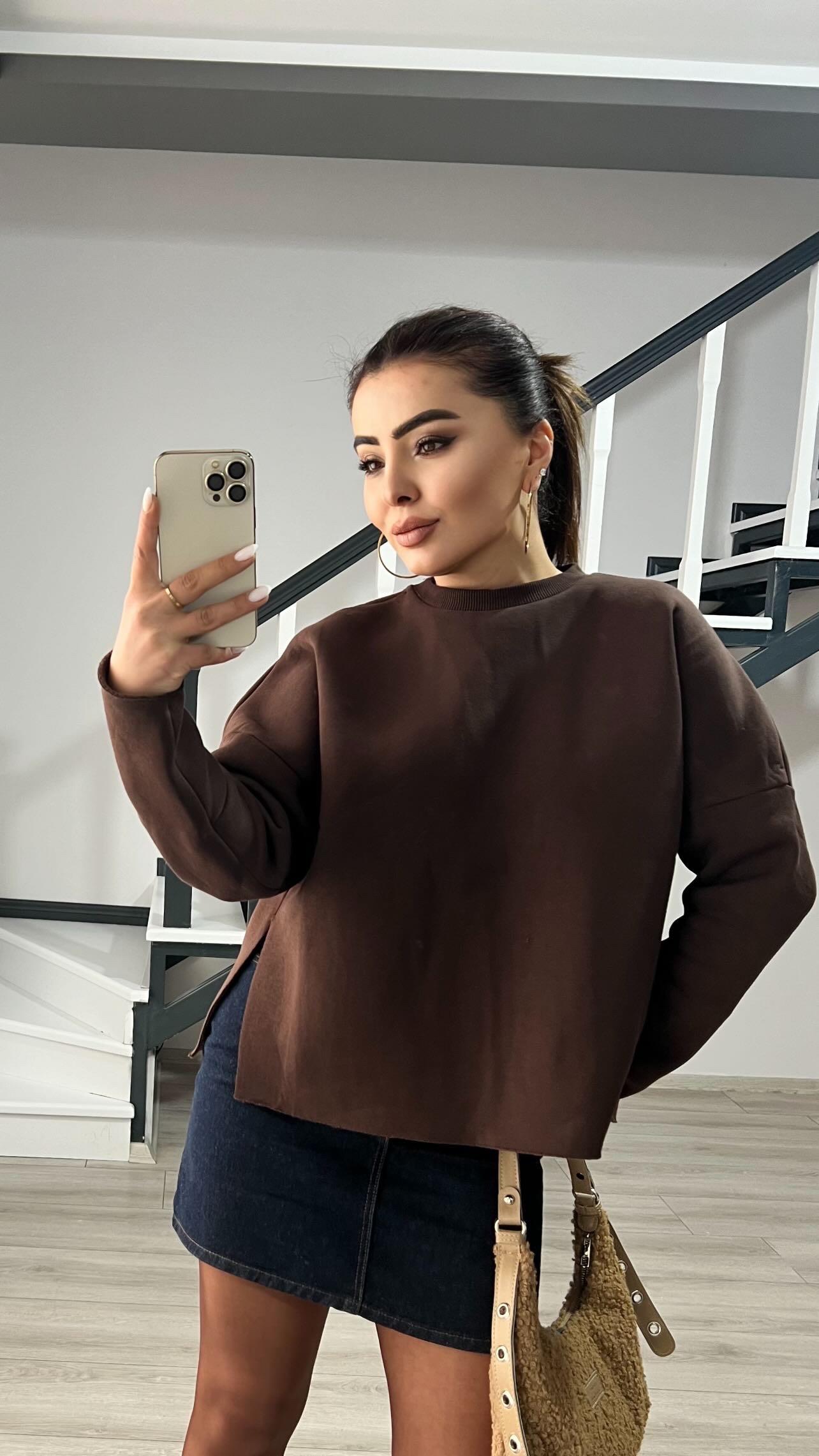 Kahve Basic Yan Yırtmaçlı Sweatshirt
