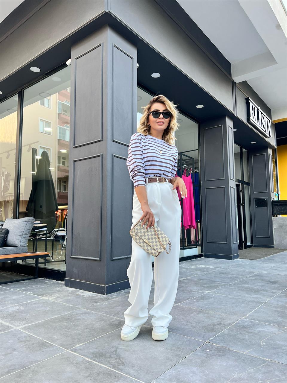 Kahve Beyaz Çizgili Sweatshirt
