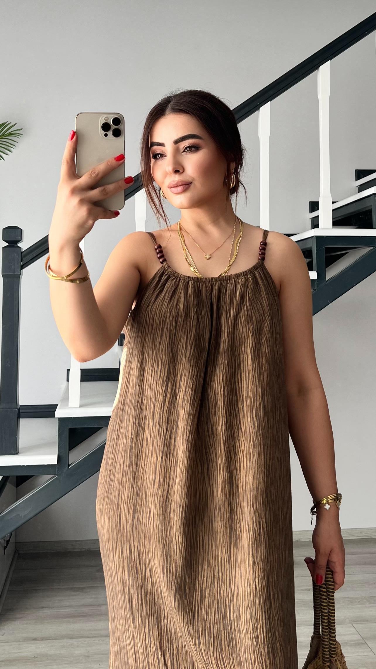 Kahve Boncuk Askılı Bohem Elbise