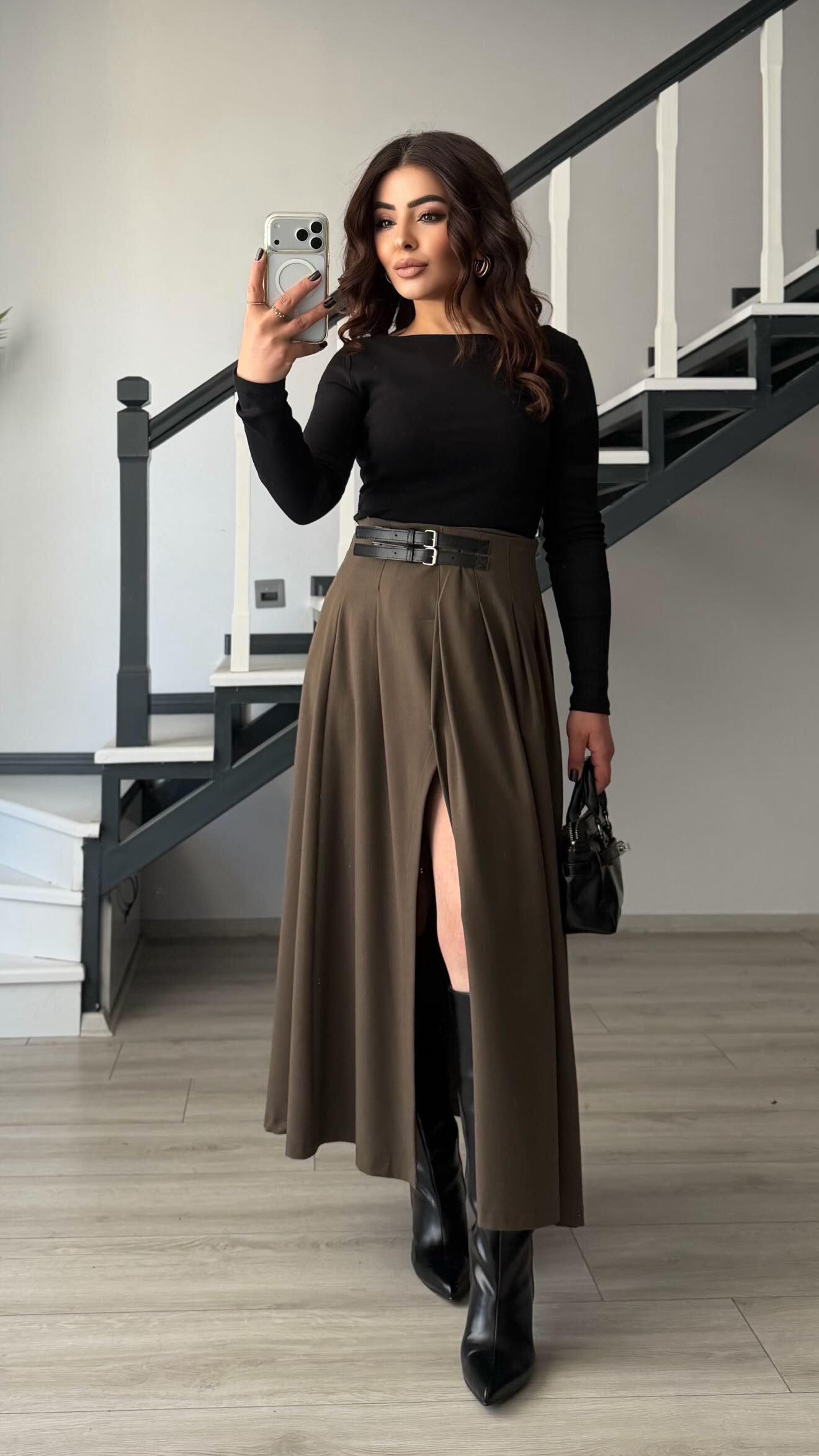 Brown Double Belted Slit Skirt