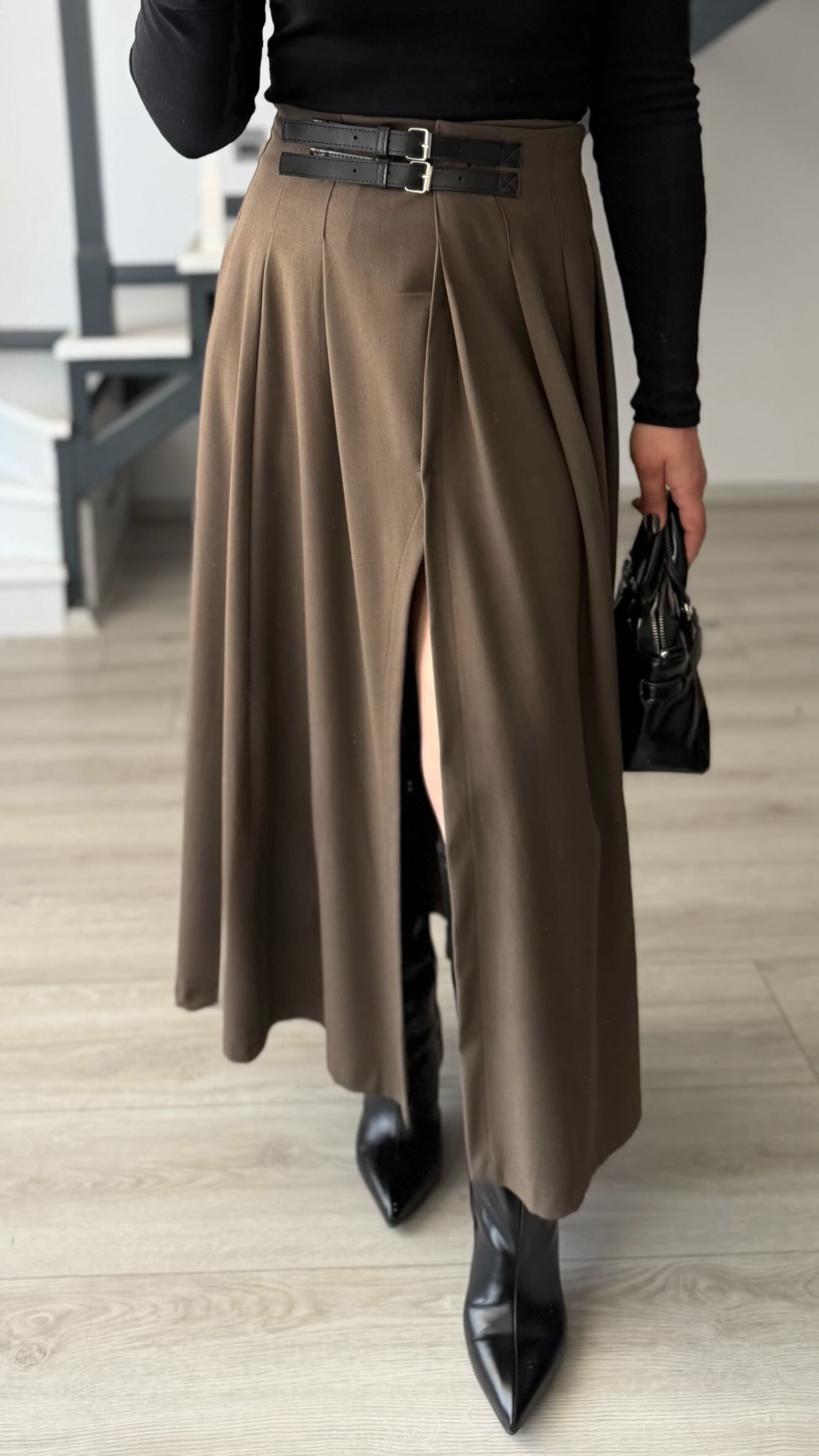 Brown Double Belted Slit Skirt