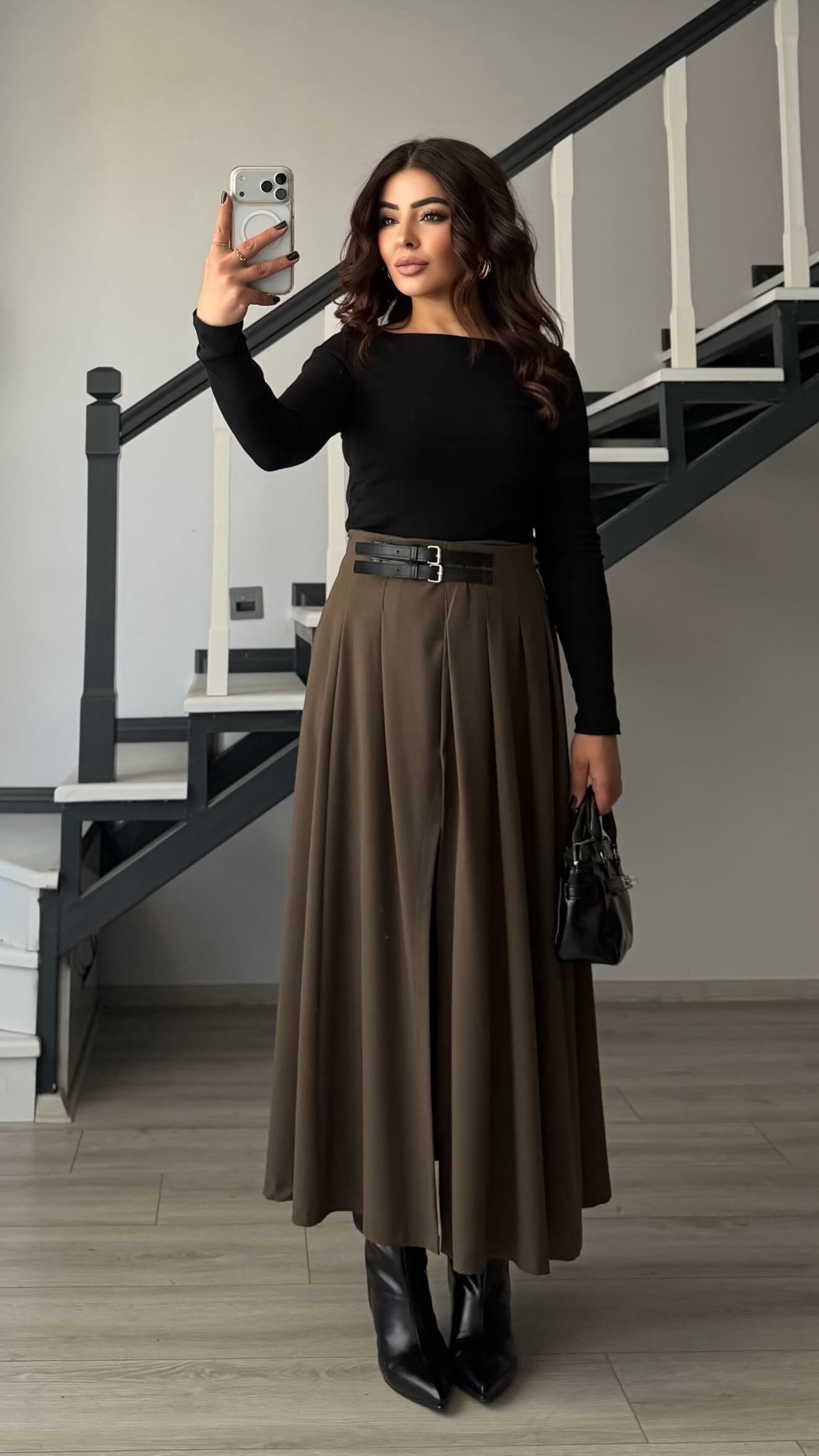 Brown Double Belted Slit Skirt
