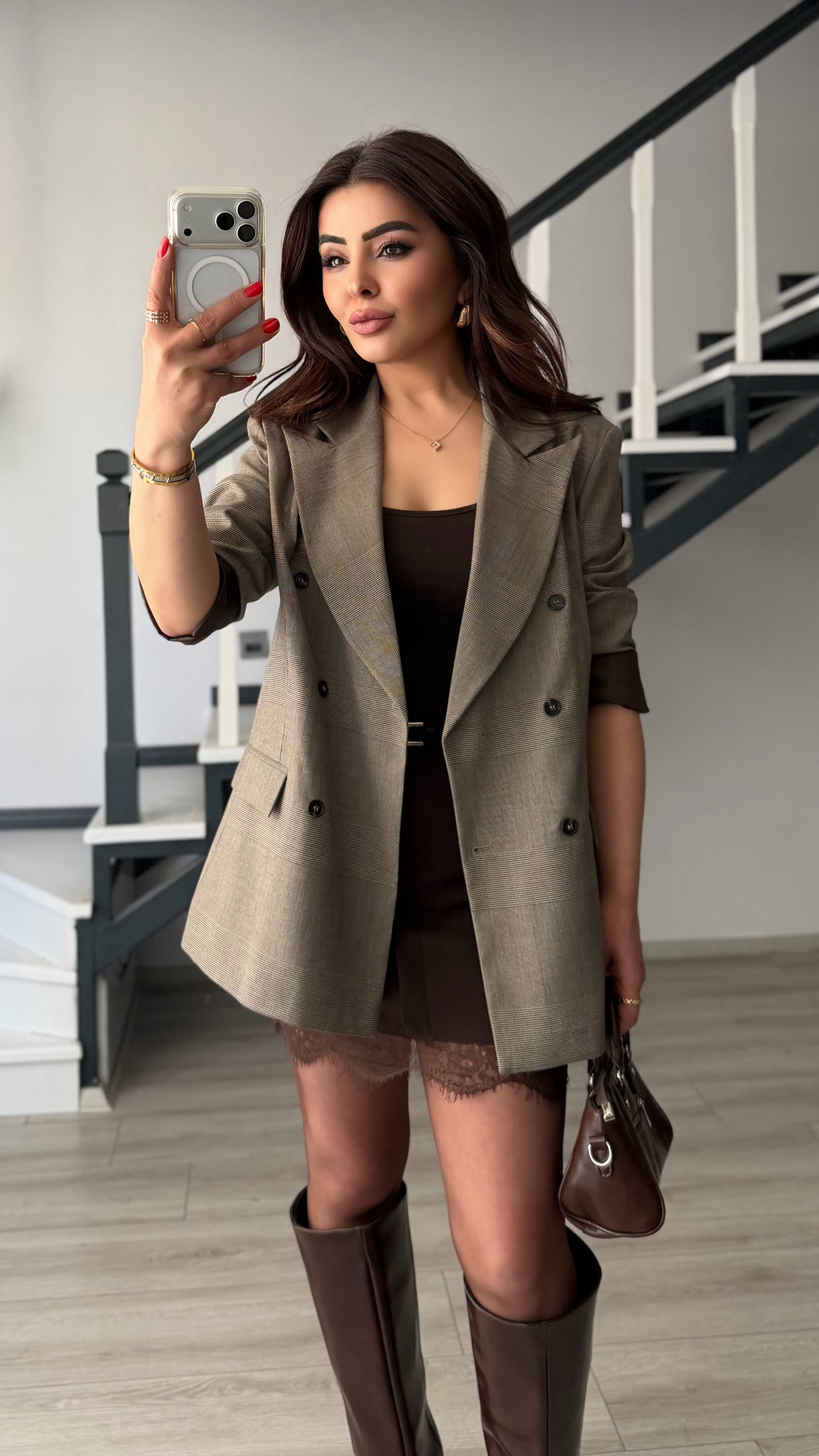Kahve Ekoseli Astarlı Premium Blazer Ceket