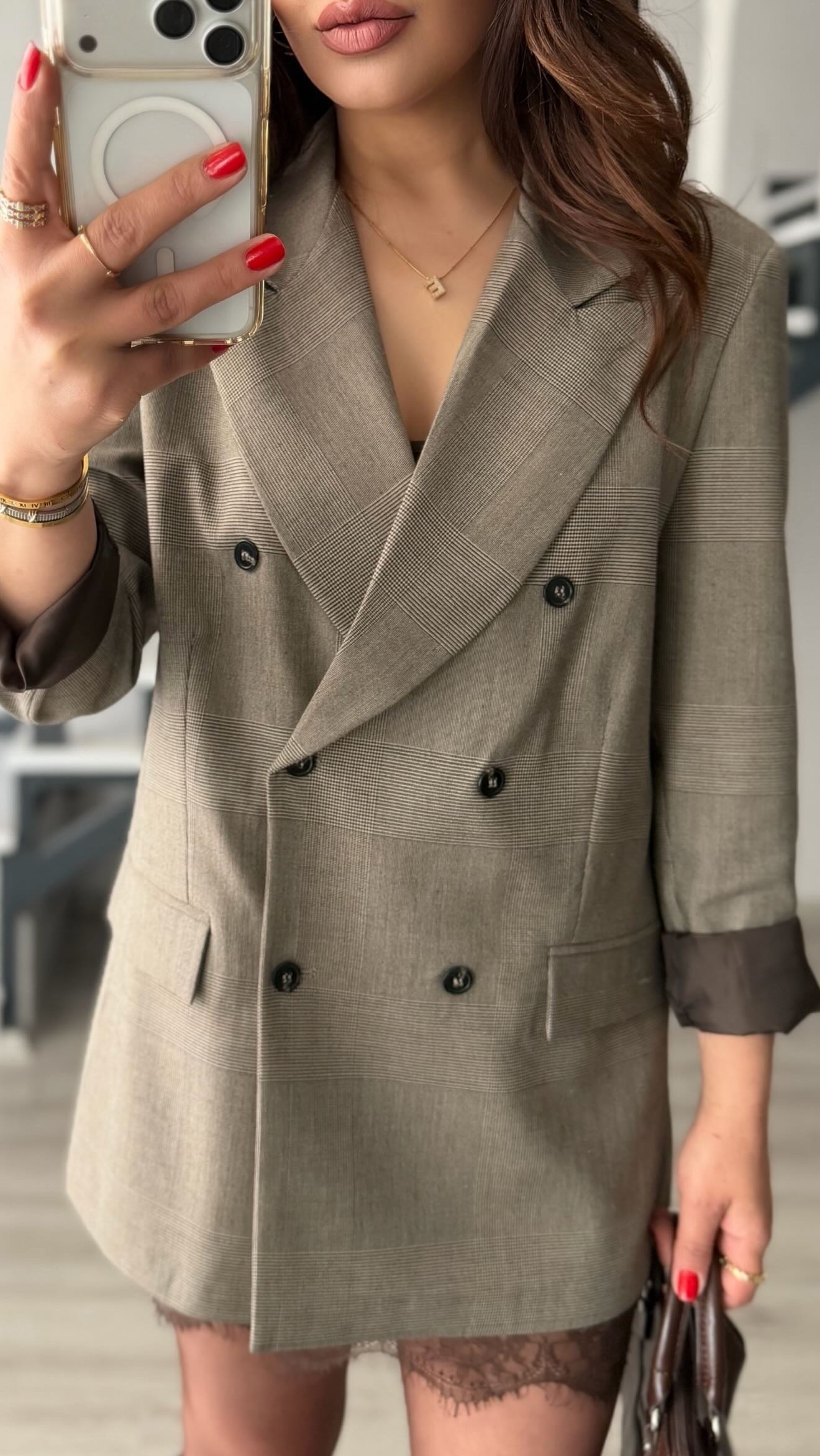 Kahve Ekoseli Astarlı Premium Blazer Ceket