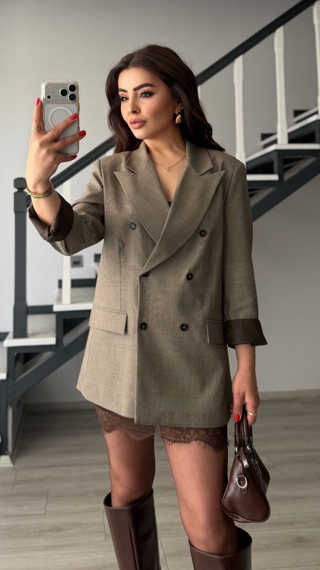 Kahve Ekoseli Astarlı Premium Blazer Ceket