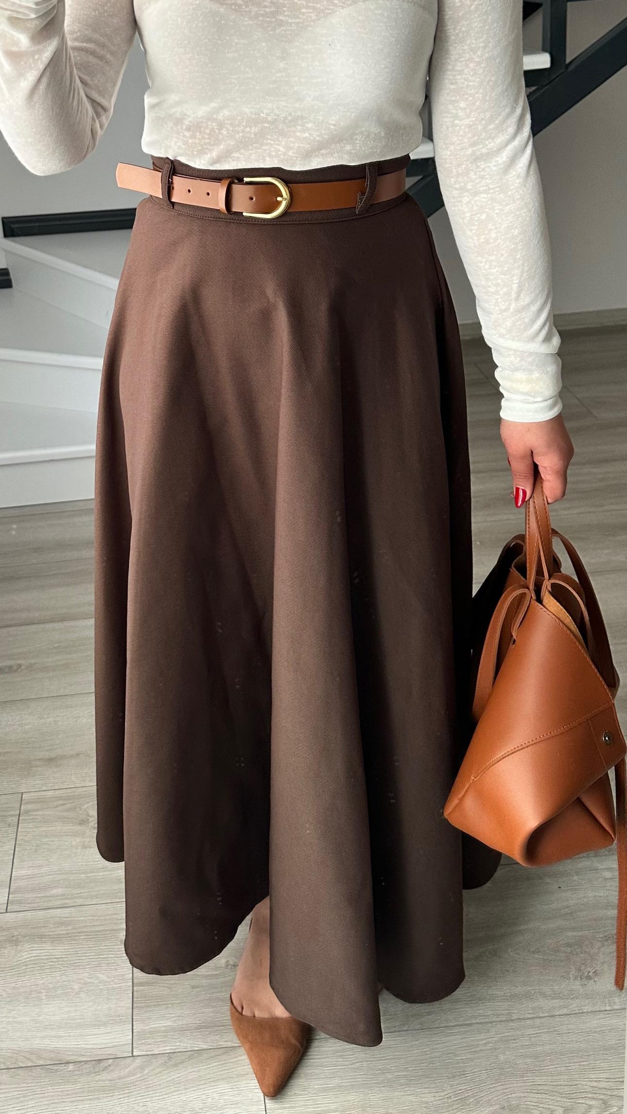 Kahve Gabardin Kendinden Kemerli Çan Etek