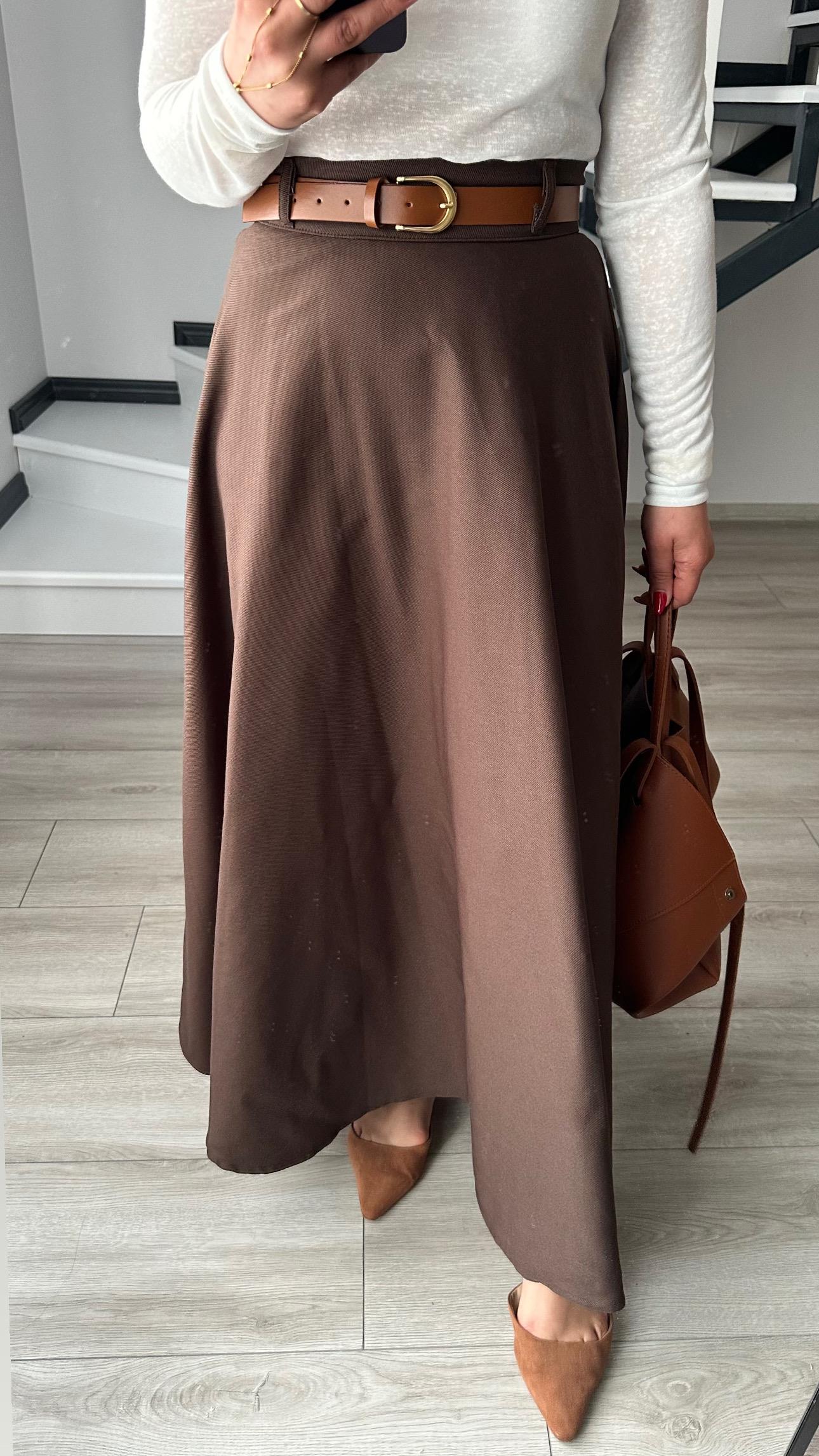 Kahve Gabardin Kendinden Kemerli Çan Etek