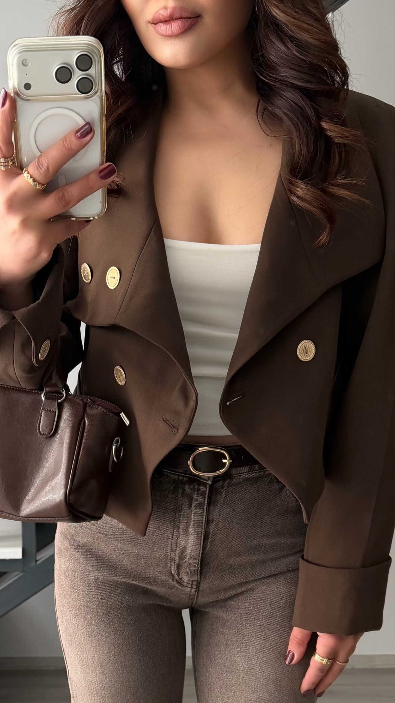 Kahve Gold Düğme Detaylı Crop Ceket