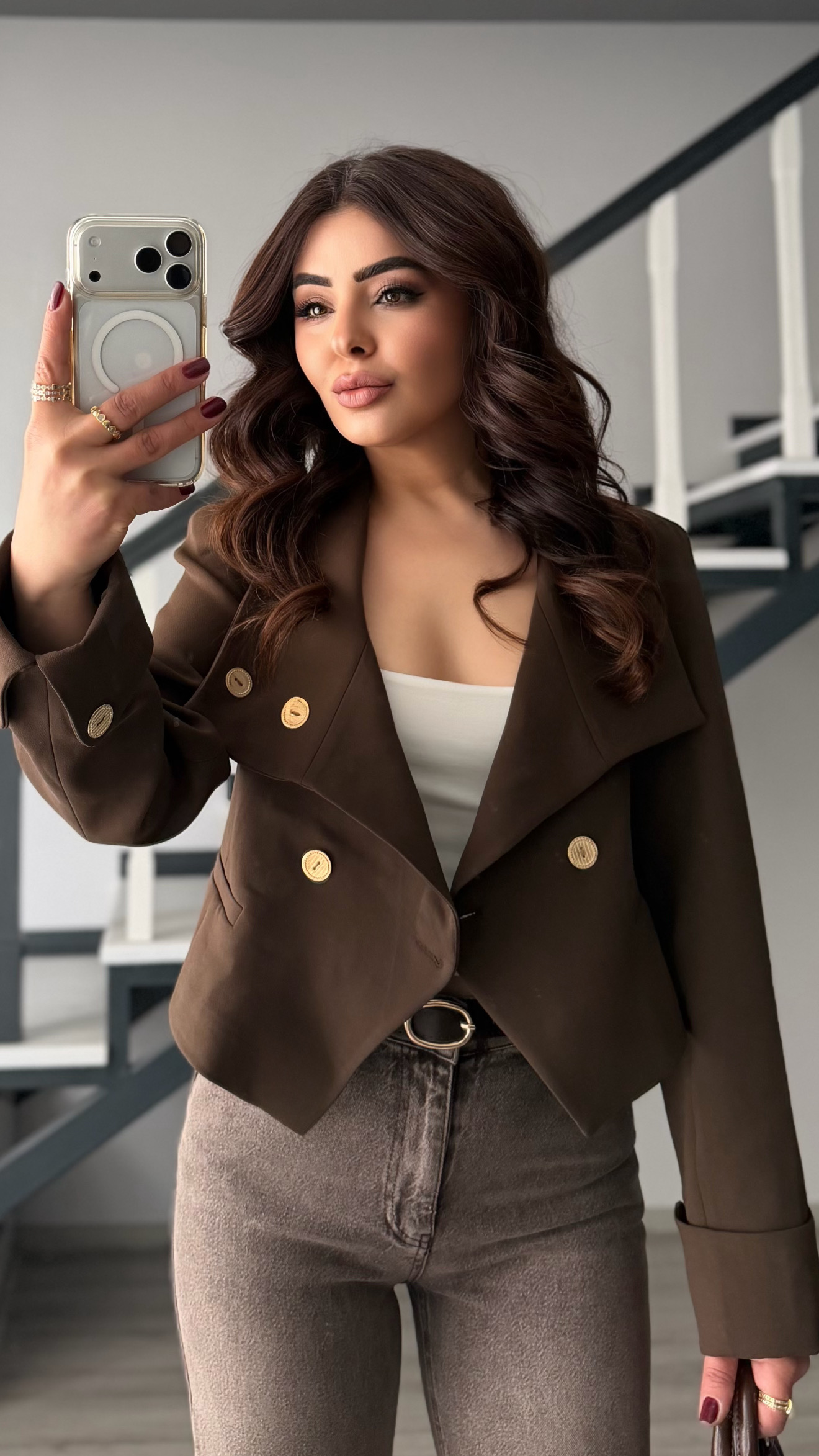 Kahve Gold Düğme Detaylı Crop Ceket