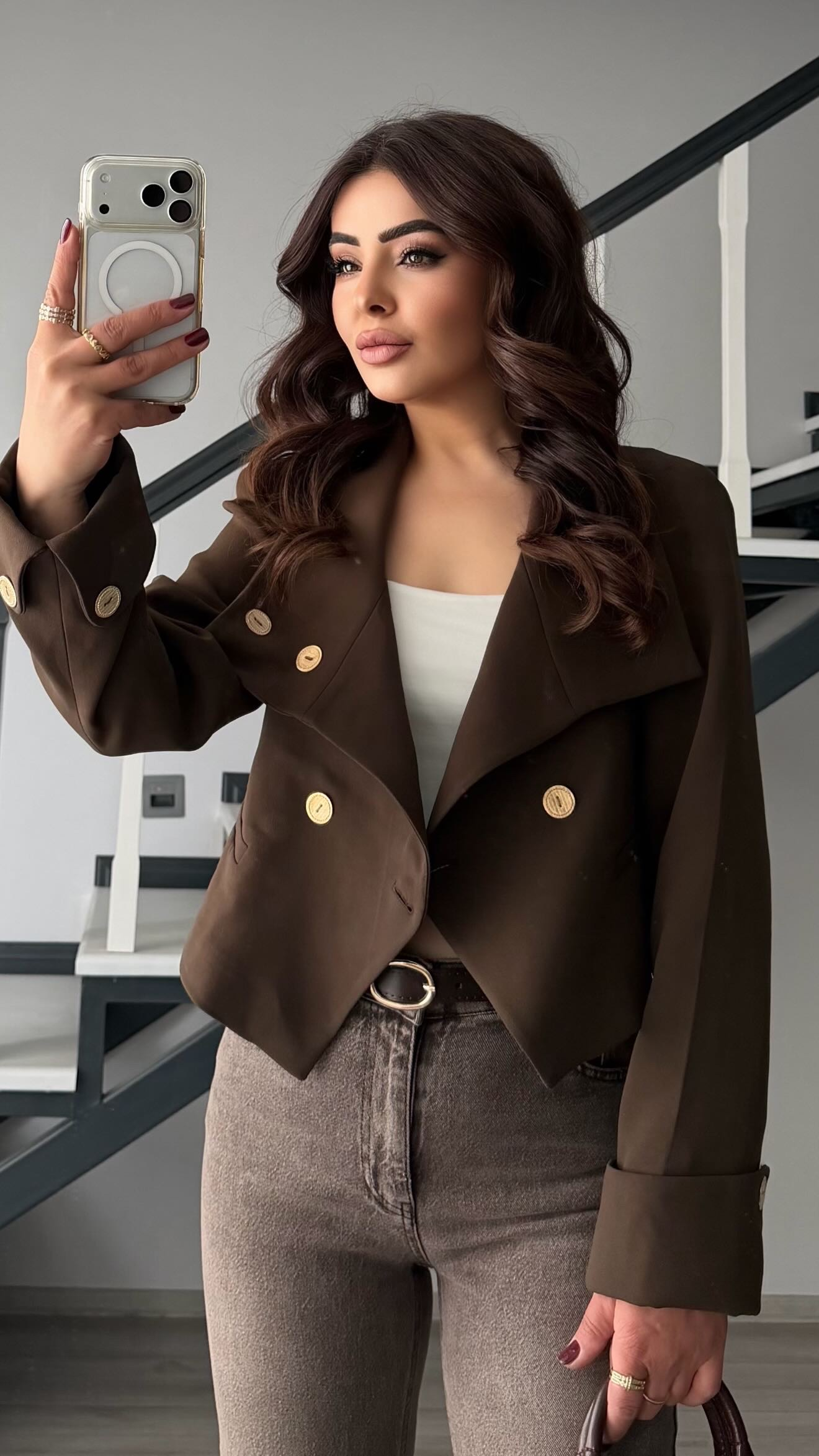 Kahve Gold Düğme Detaylı Crop Ceket