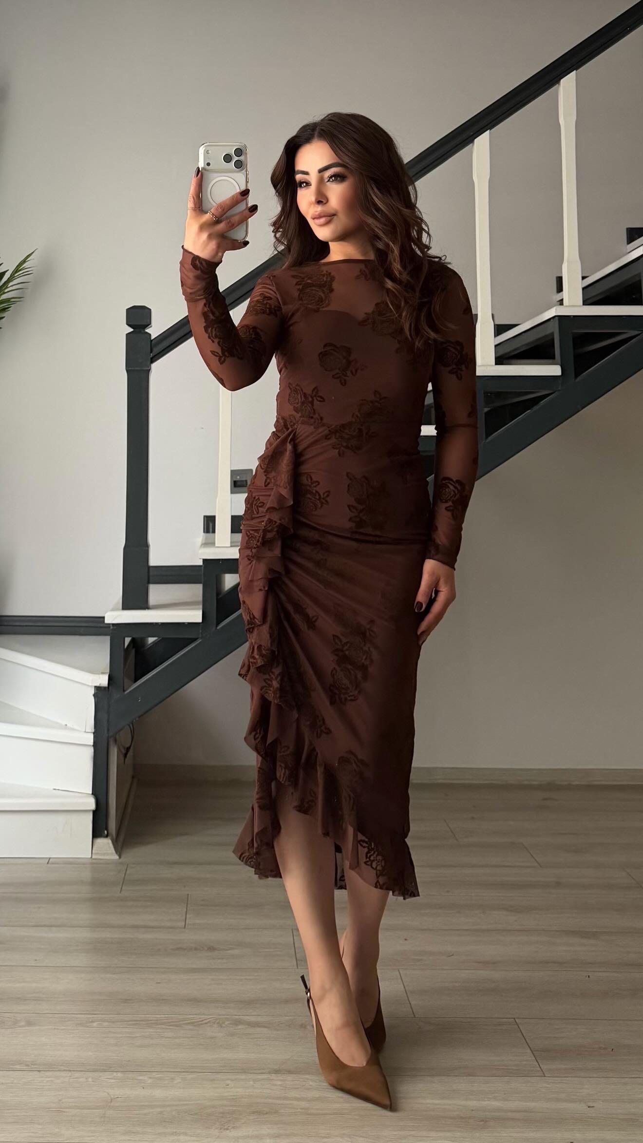 Coffee Rose Motif Lined Ruffled Dress