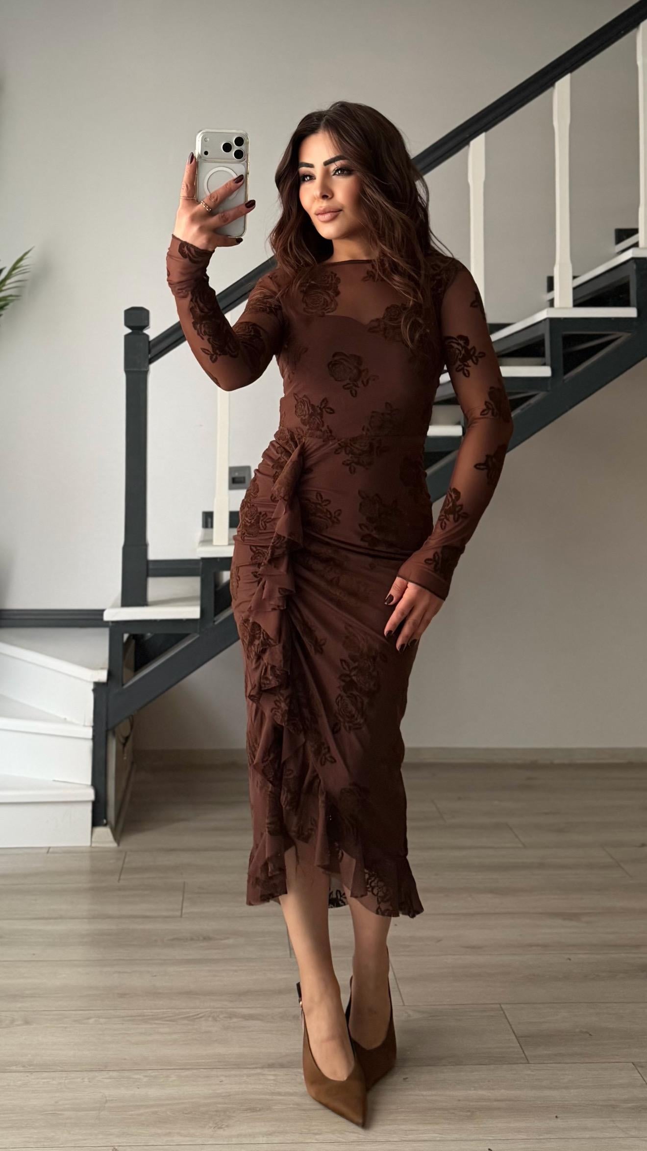 Coffee Rose Motif Lined Ruffled Dress