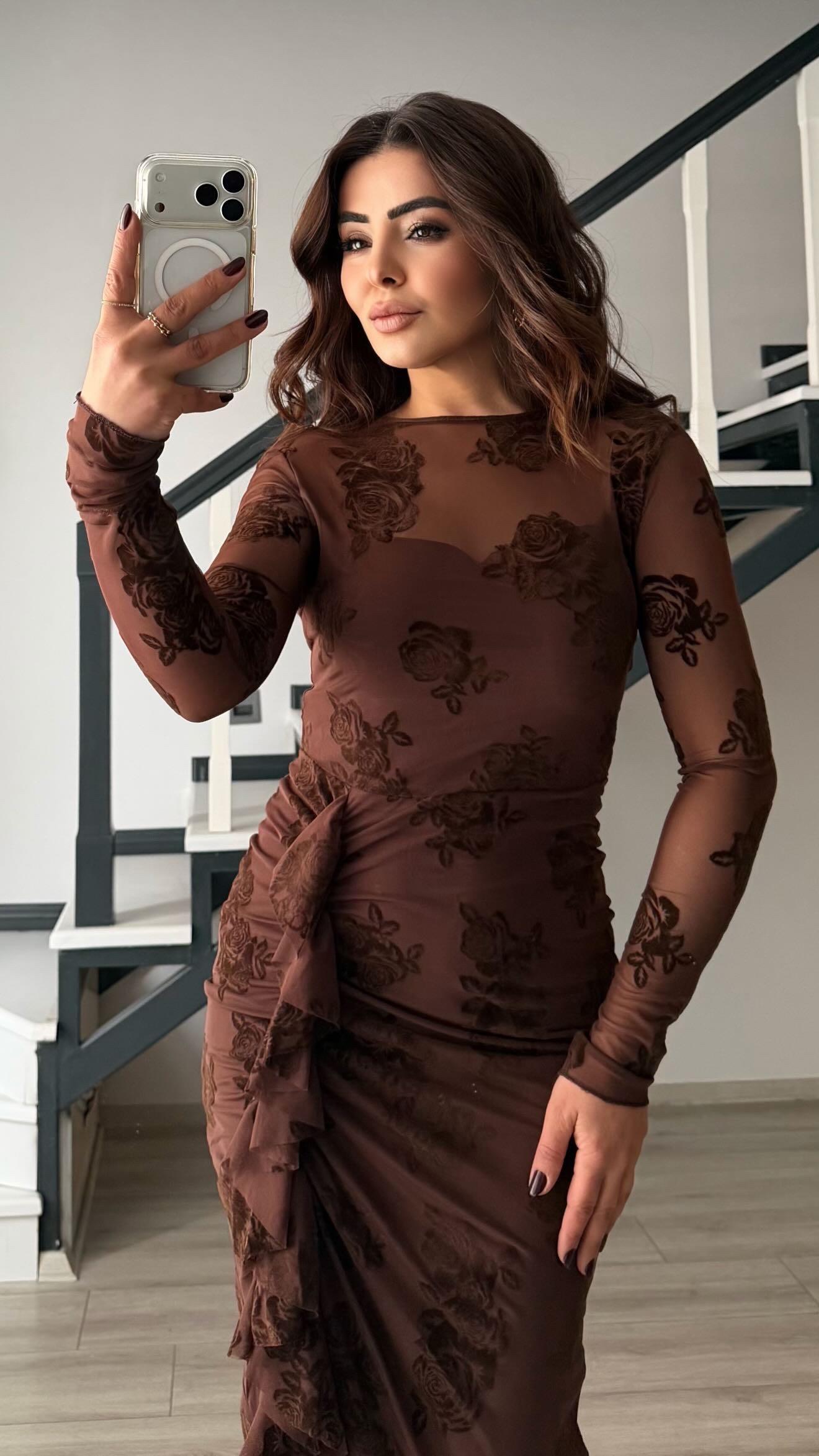 Coffee Rose Motif Lined Ruffled Dress