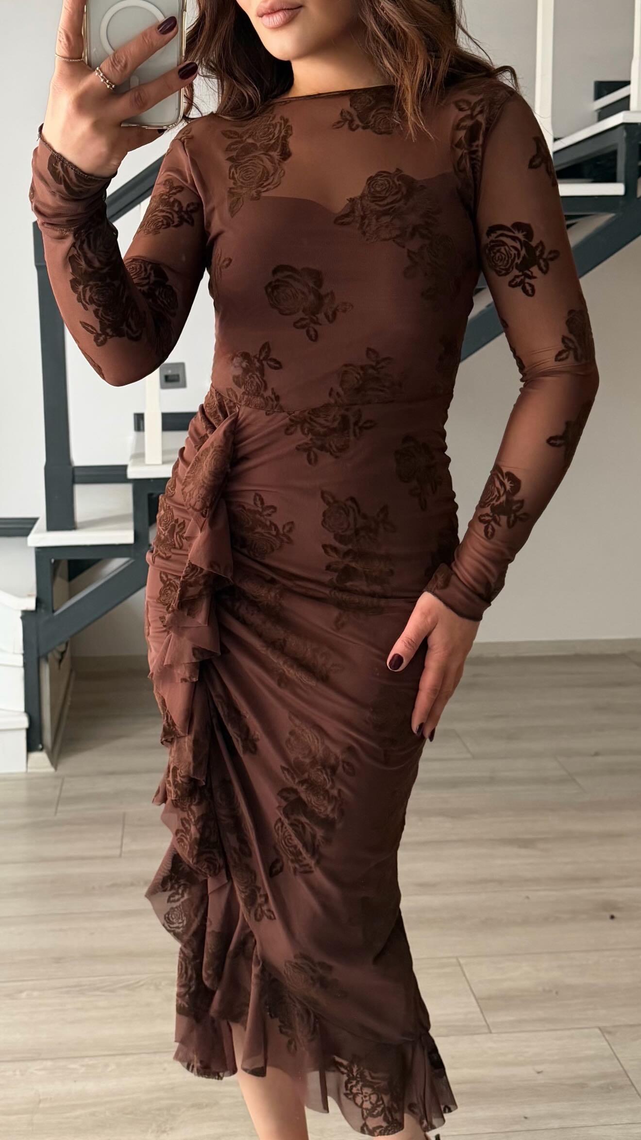 Coffee Rose Motif Lined Ruffled Dress