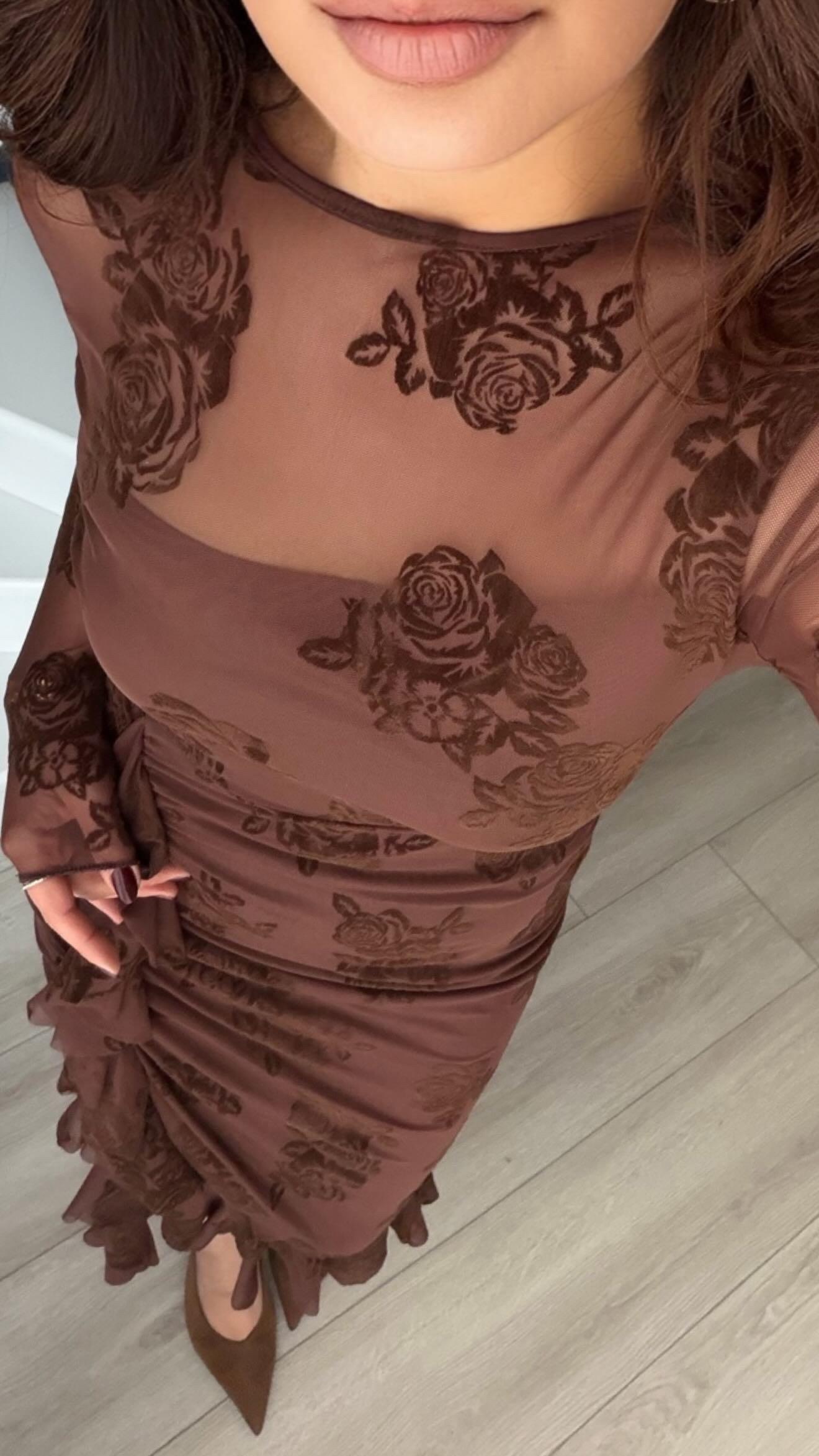 Coffee Rose Motif Lined Ruffled Dress