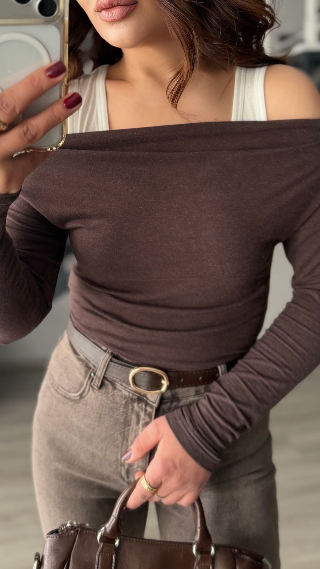 Brown Boat Neck Blouse-Tank Top Set