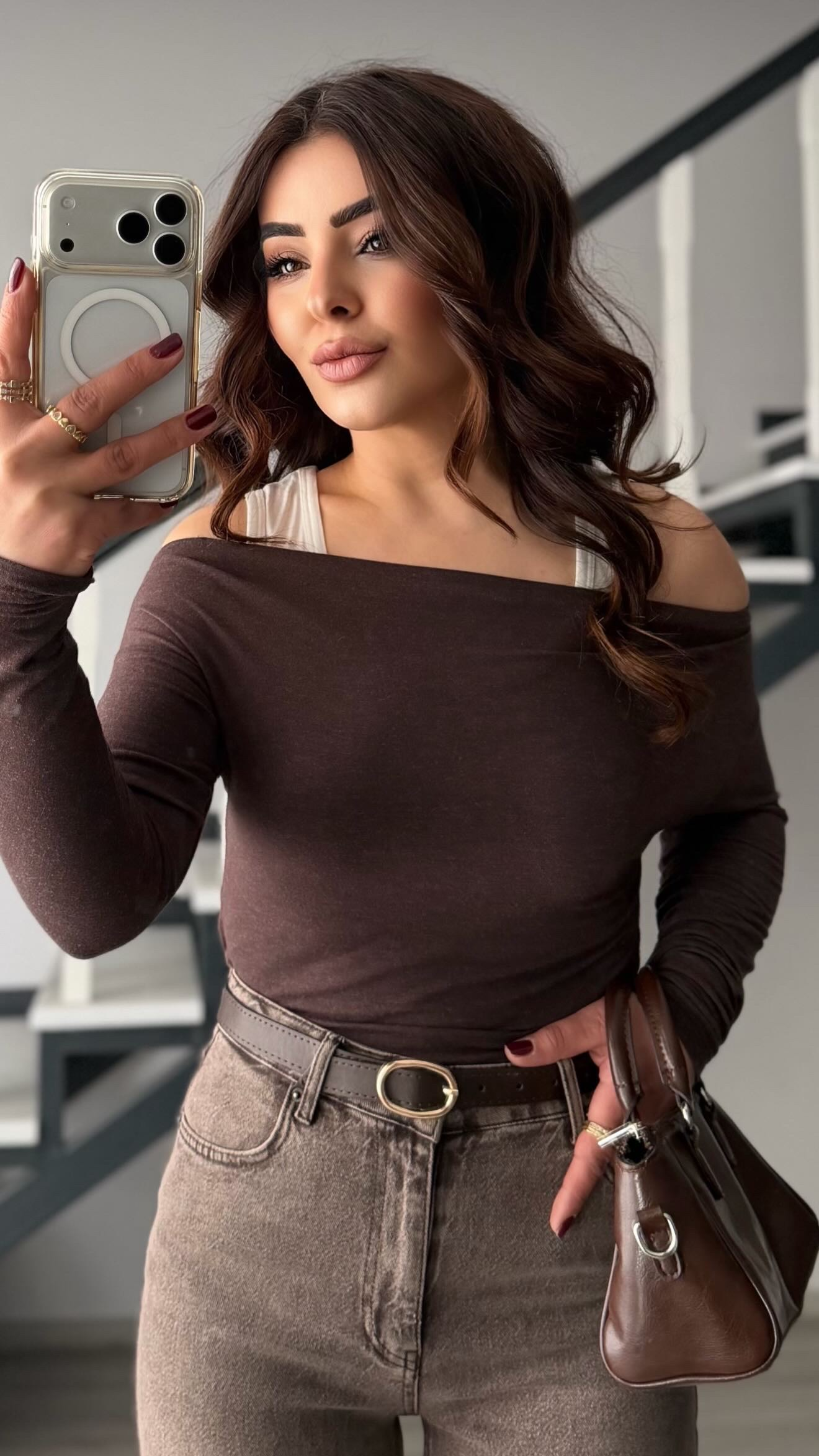 Brown Boat Neck Blouse-Tank Top Set