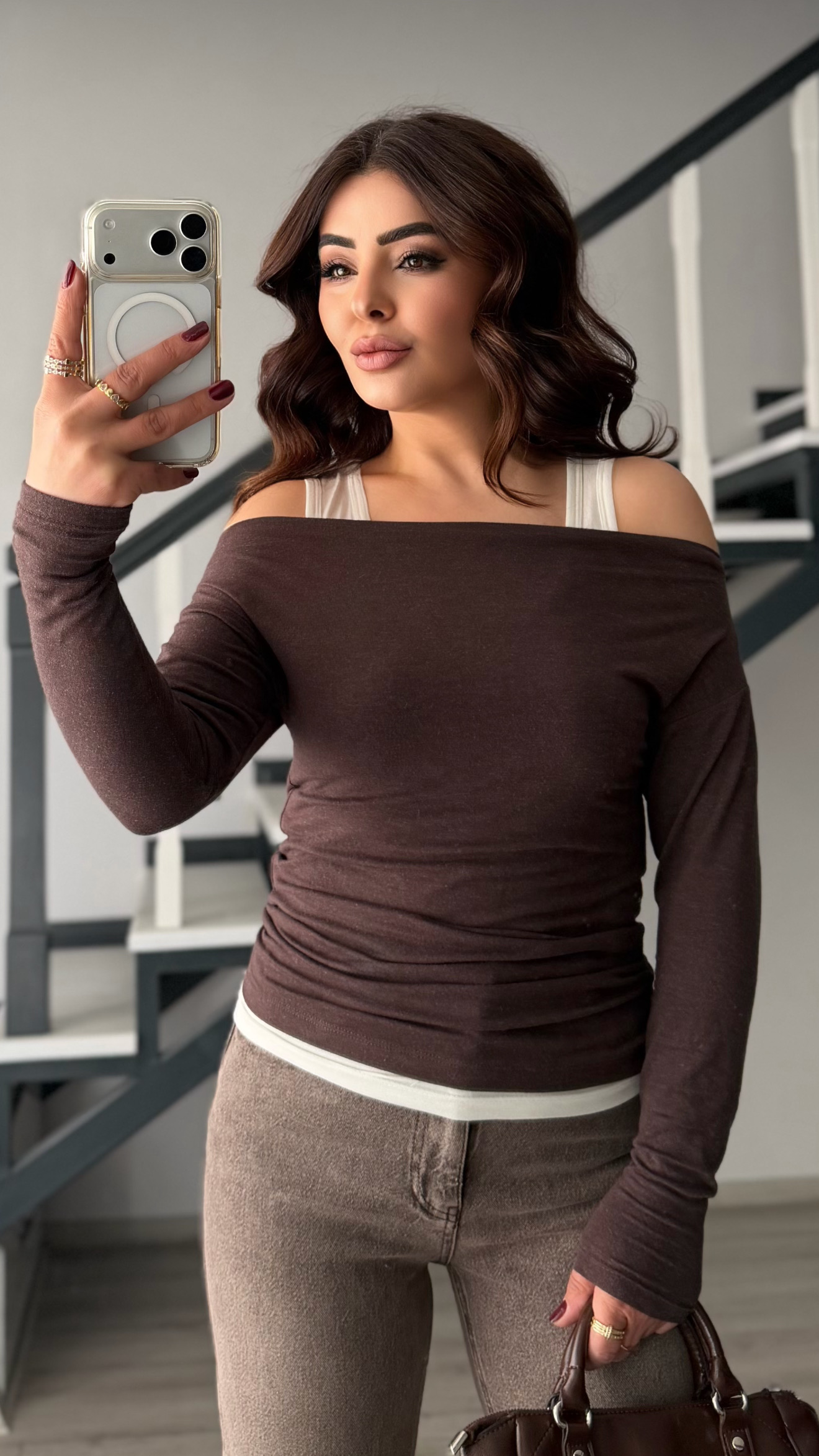 Brown Boat Neck Blouse-Tank Top Set