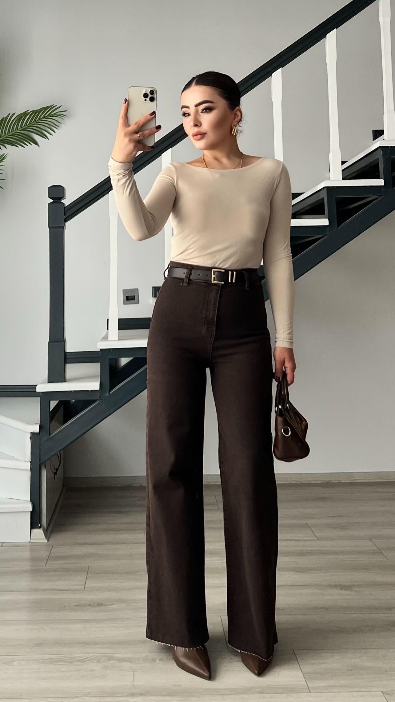 Kahve Kemerli Likralı Straight Jean