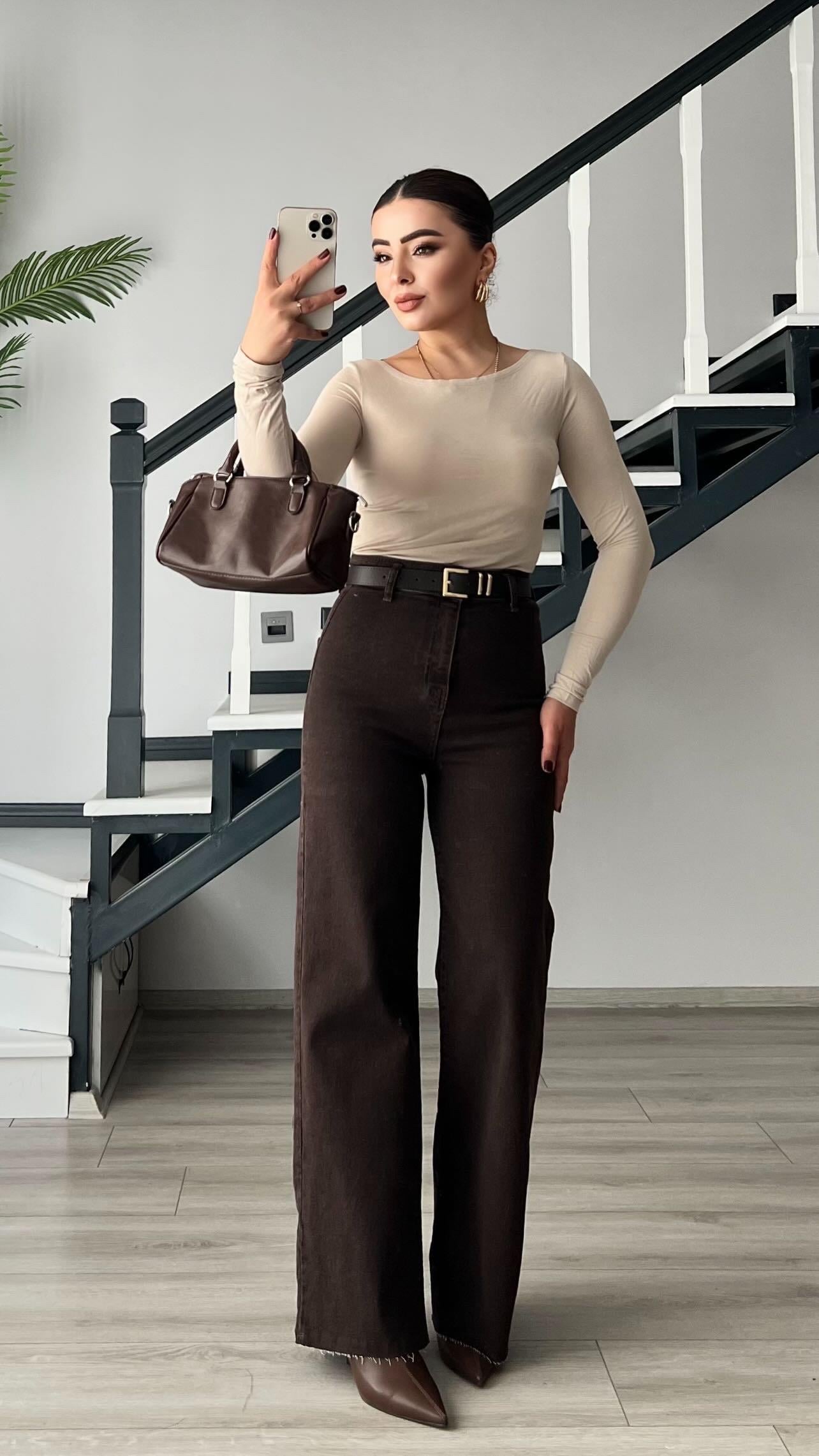 Kahve Kemerli Likralı Straight Jean