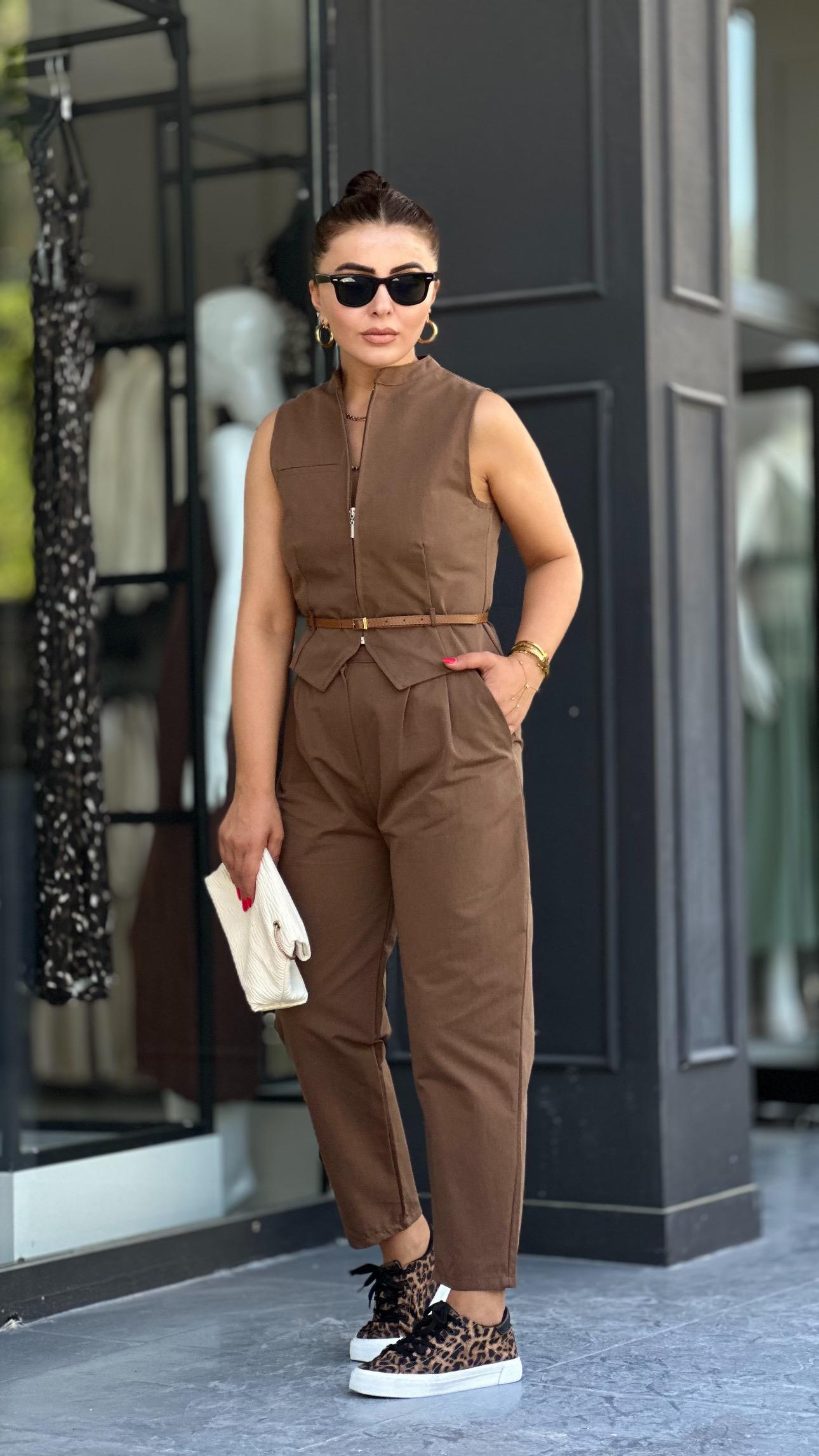 Coffee Belted Vest and Trousers Set