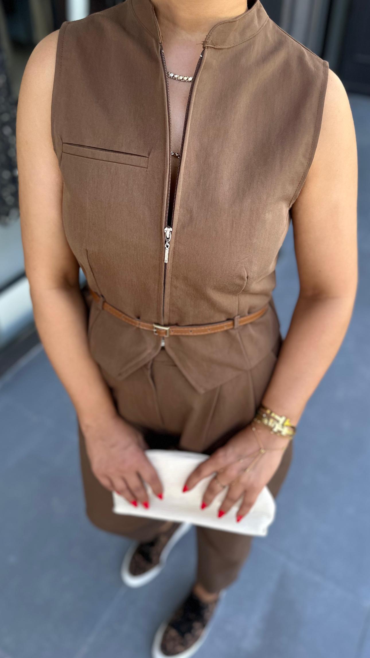 Coffee Belted Vest and Trousers Set