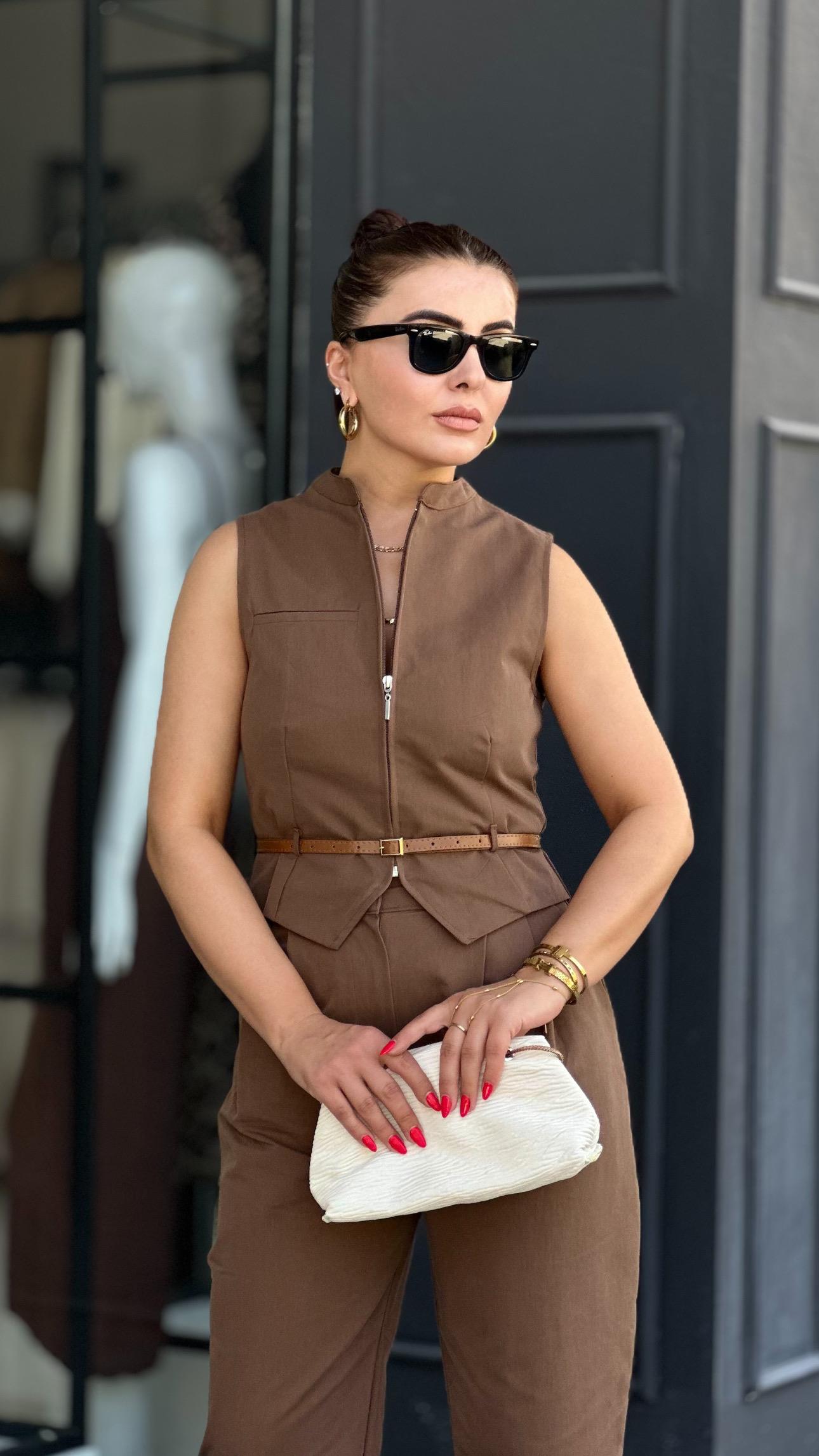 Coffee Belted Vest and Trousers Set