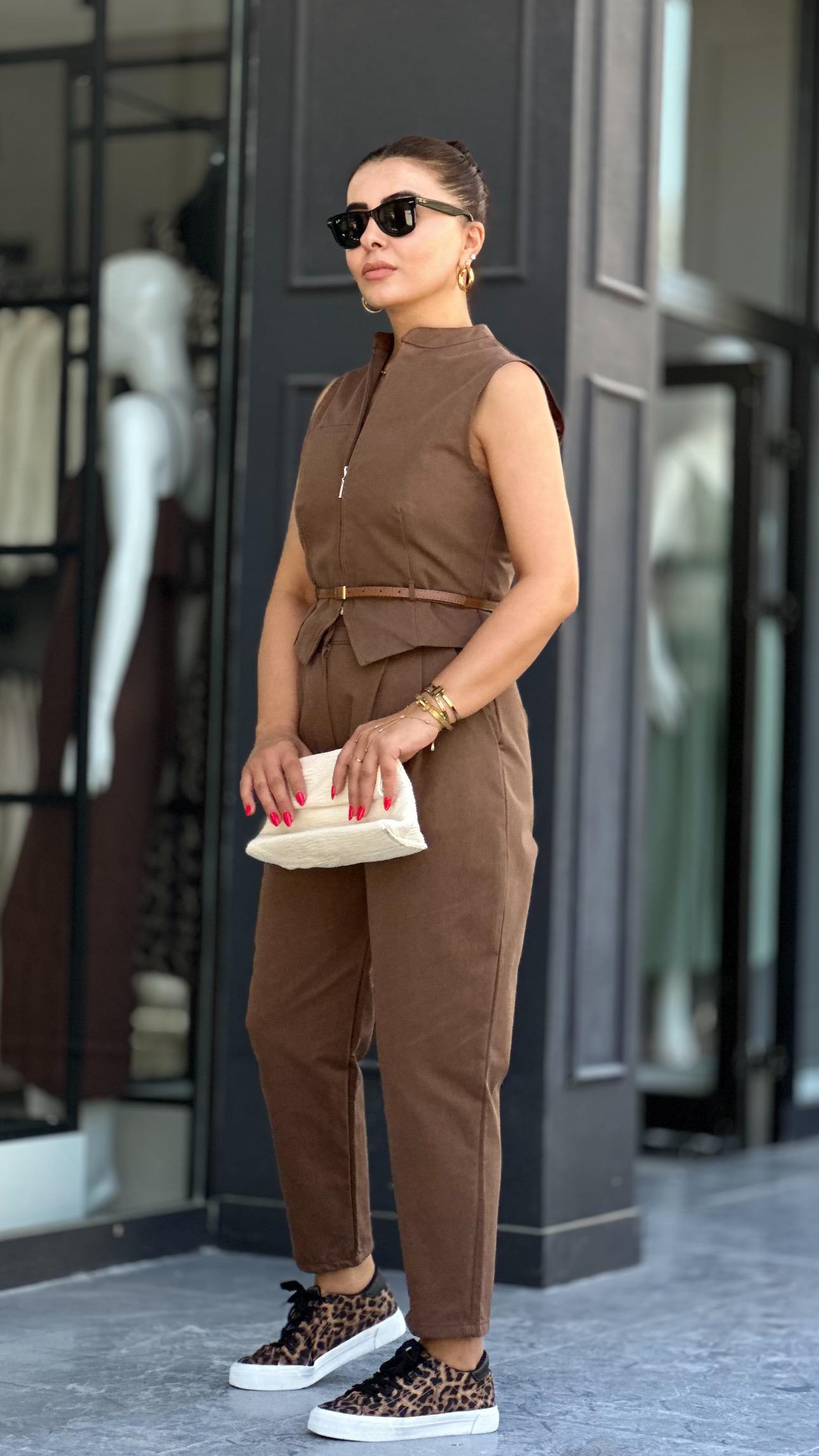 Coffee Belted Vest and Trousers Set