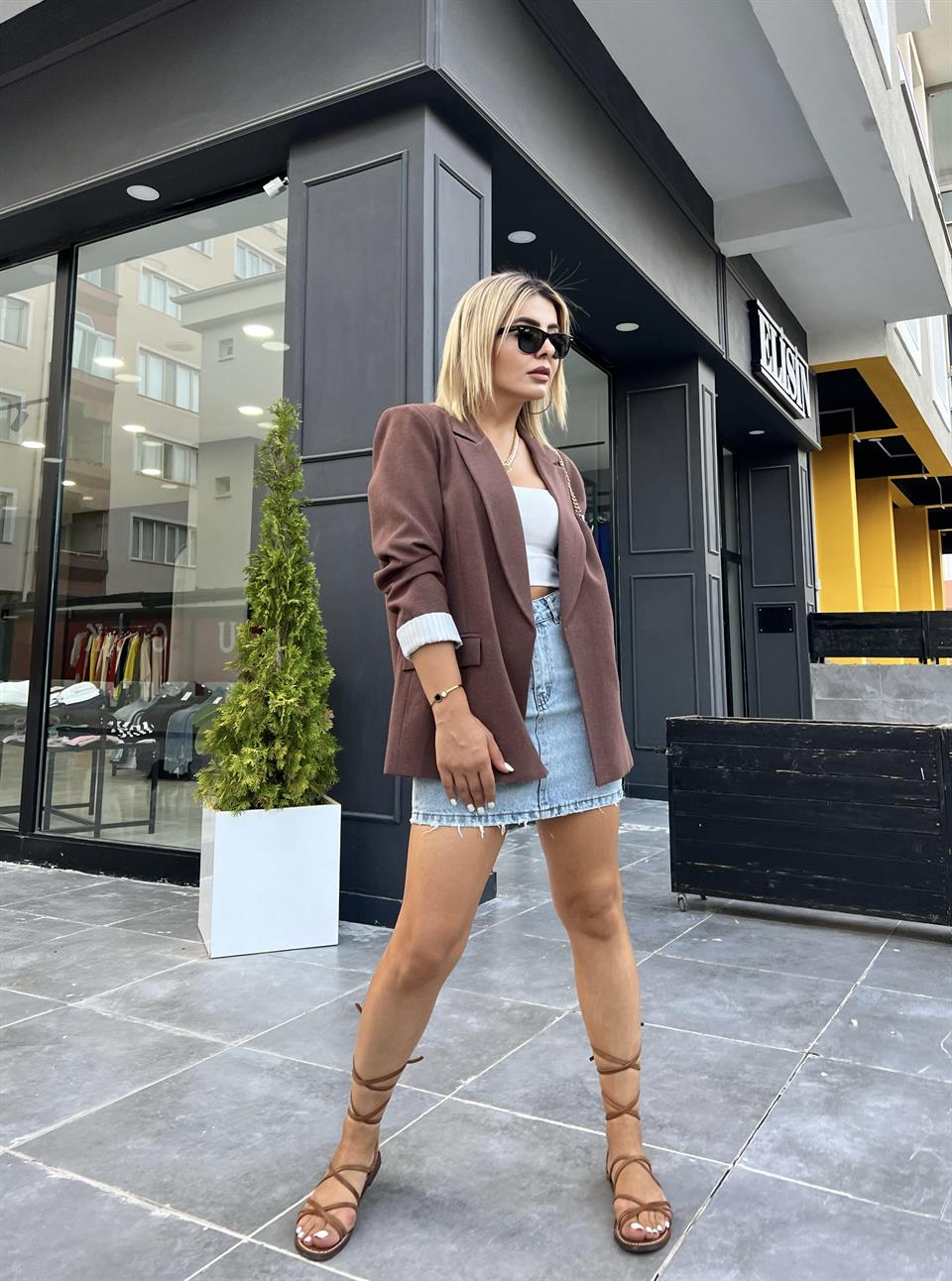 Kahve Keten Astarı Çizgili Blazer Ceket