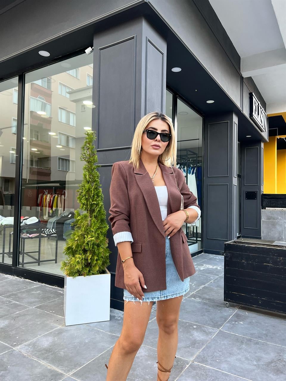 Kahve Keten Astarı Çizgili Blazer Ceket