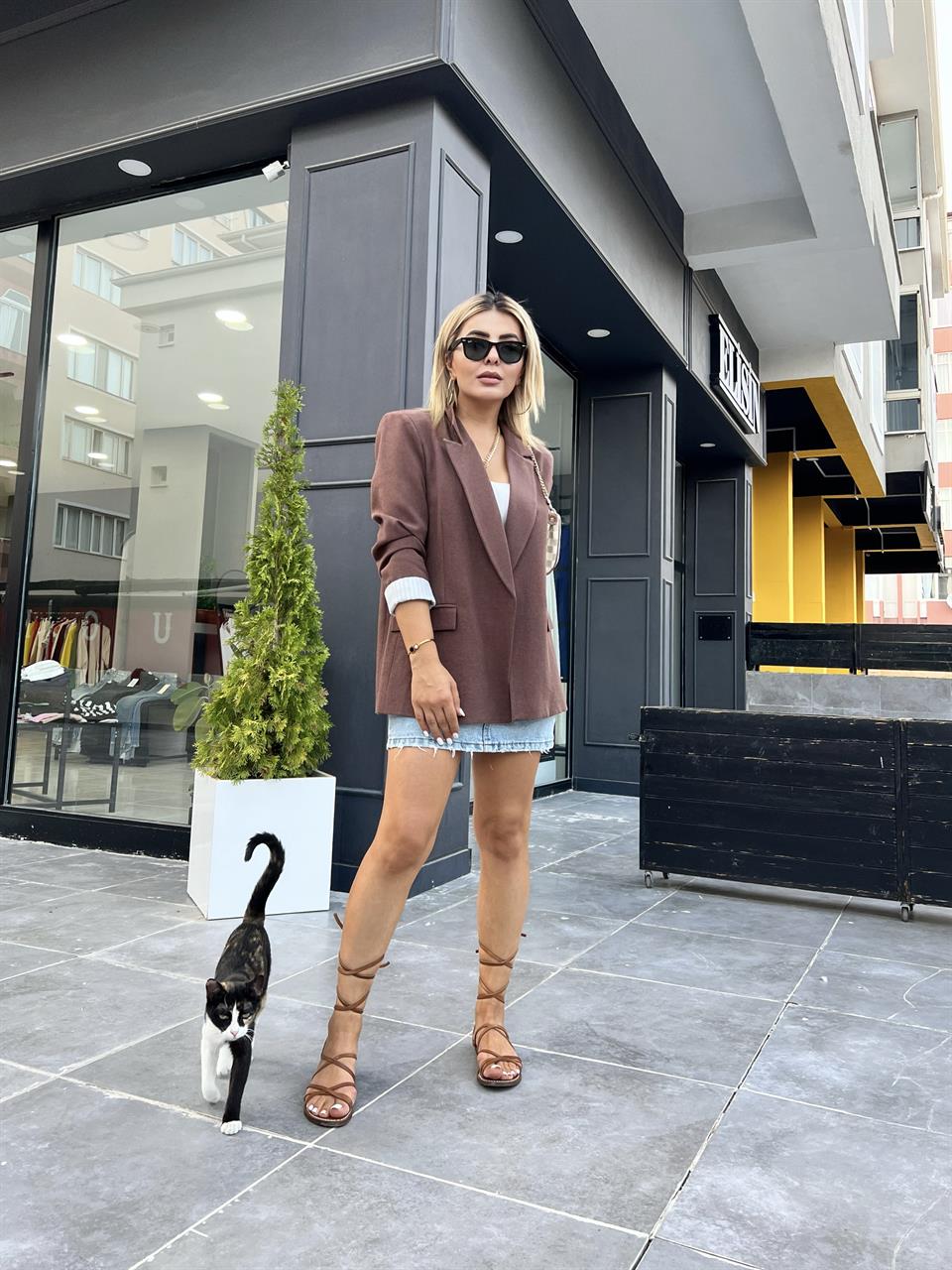 Kahve Keten Astarı Çizgili Blazer Ceket