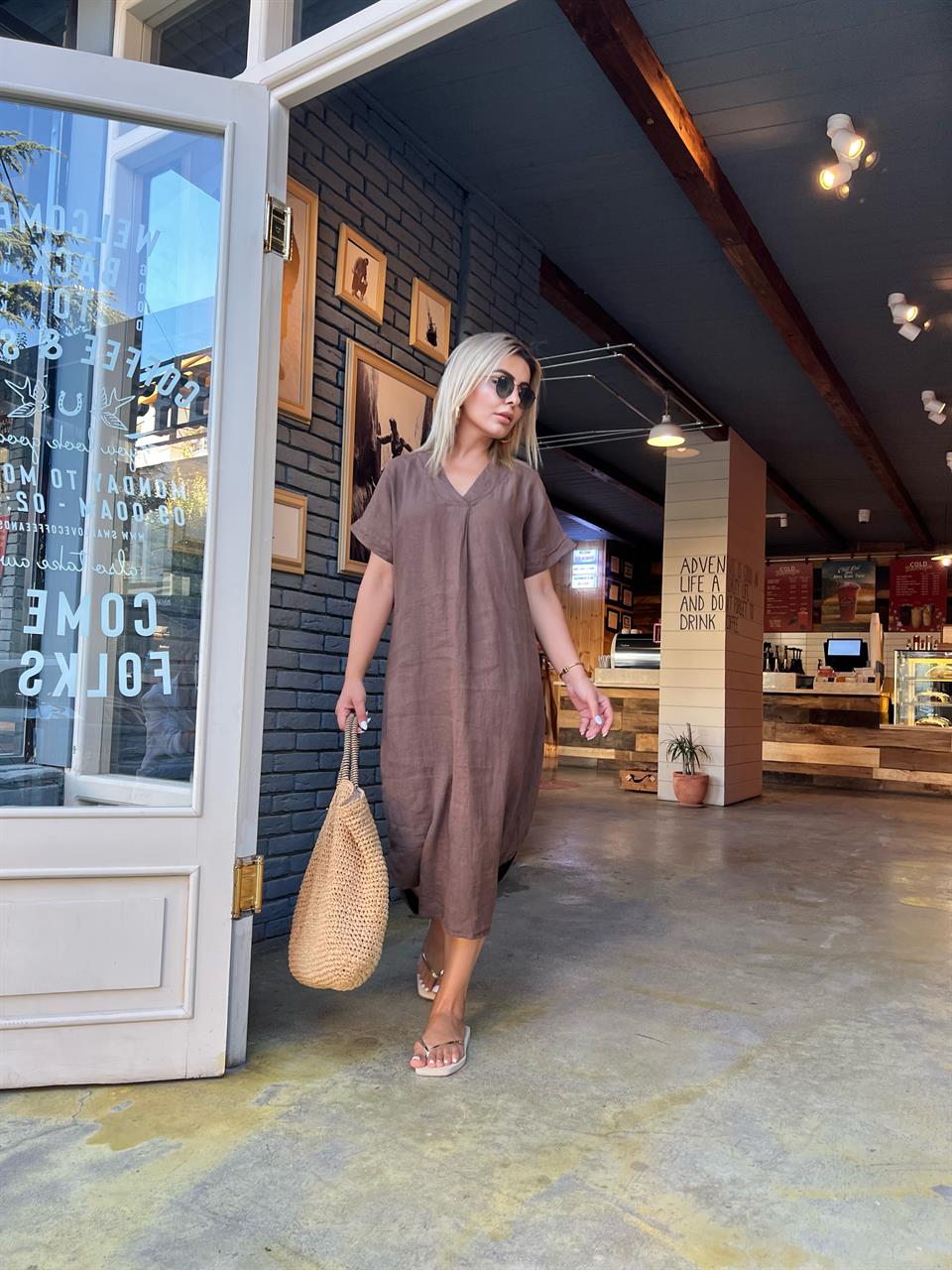Coffee Linen V-Neck Dress