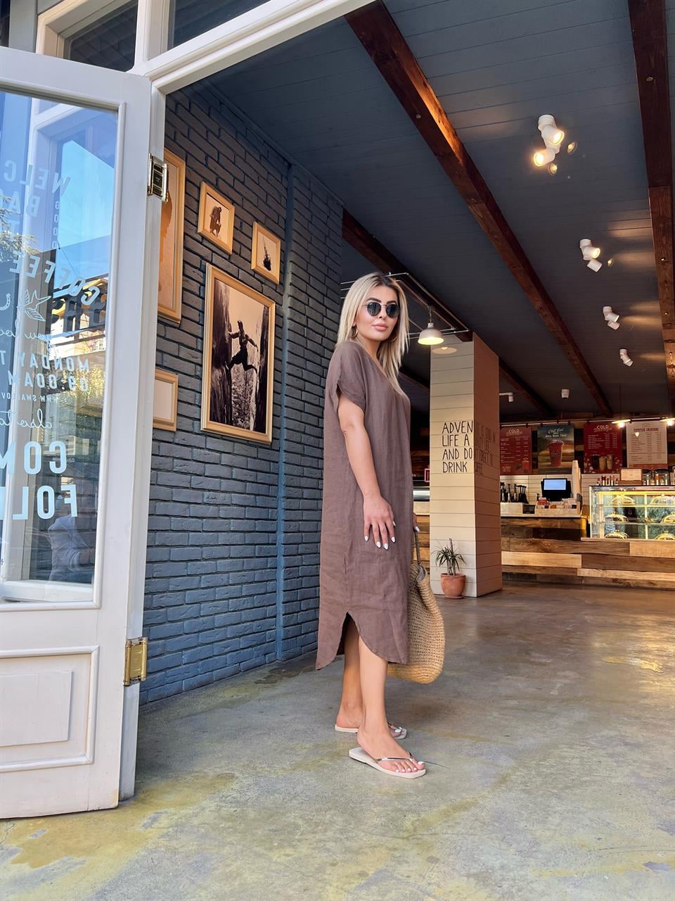 Coffee Linen V-Neck Dress