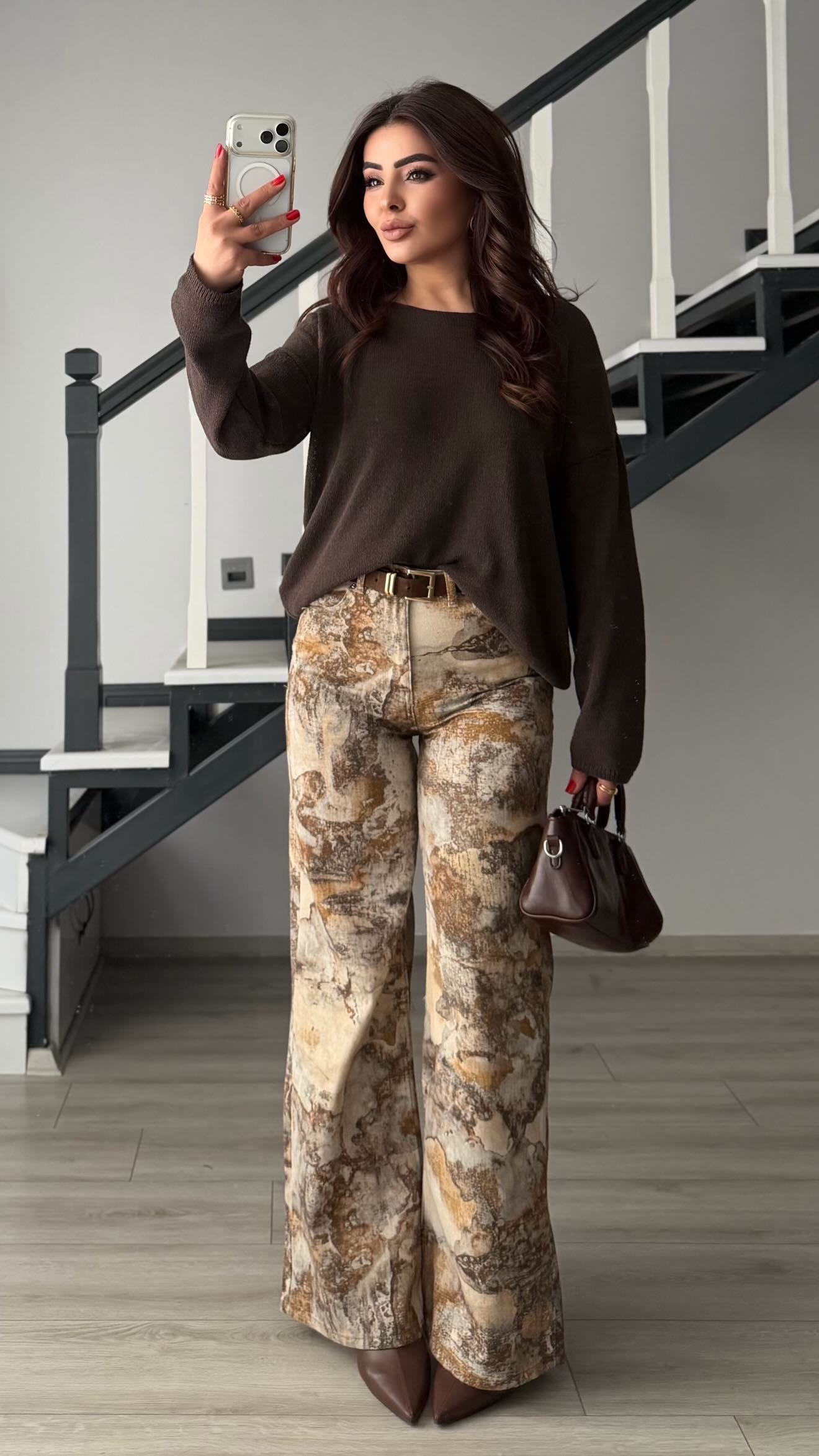 Kahve-Krem Etnik Desen Flare Pantolon