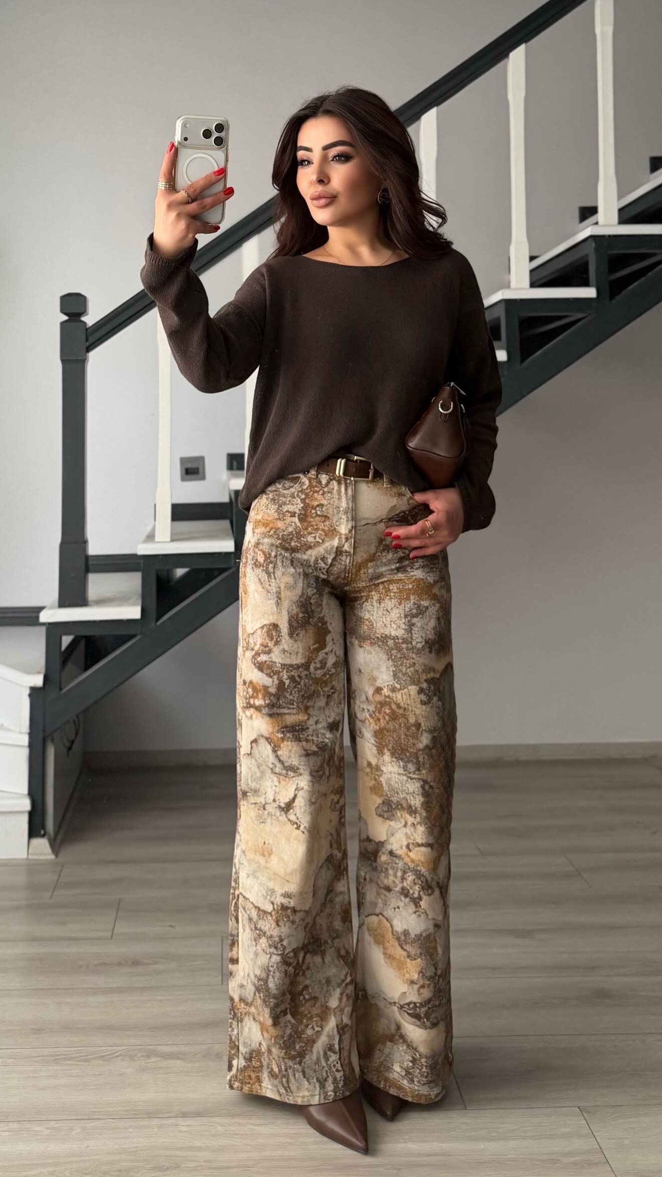 Kahve-Krem Etnik Desen Flare Pantolon