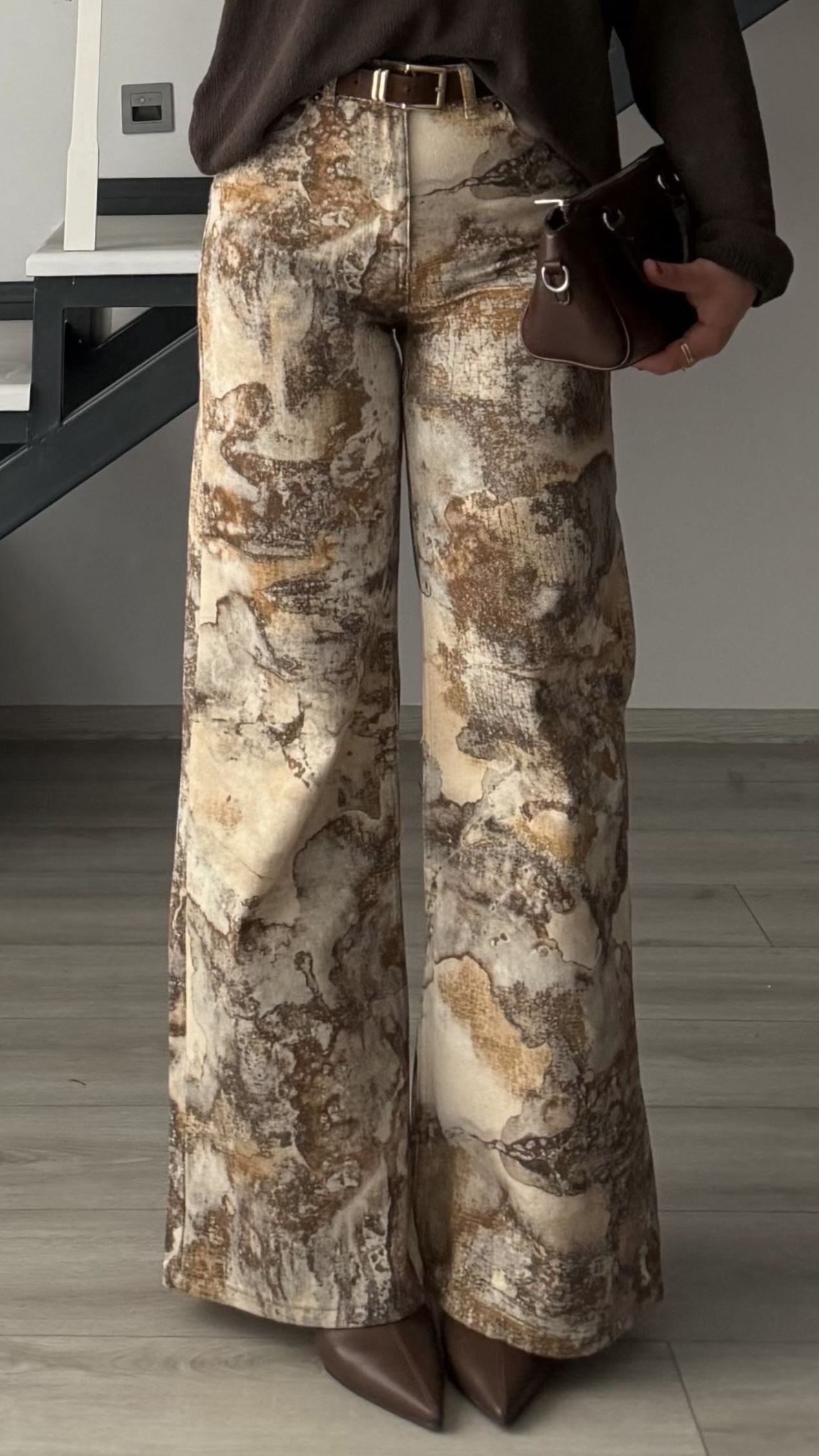 Kahve-Krem Etnik Desen Flare Pantolon