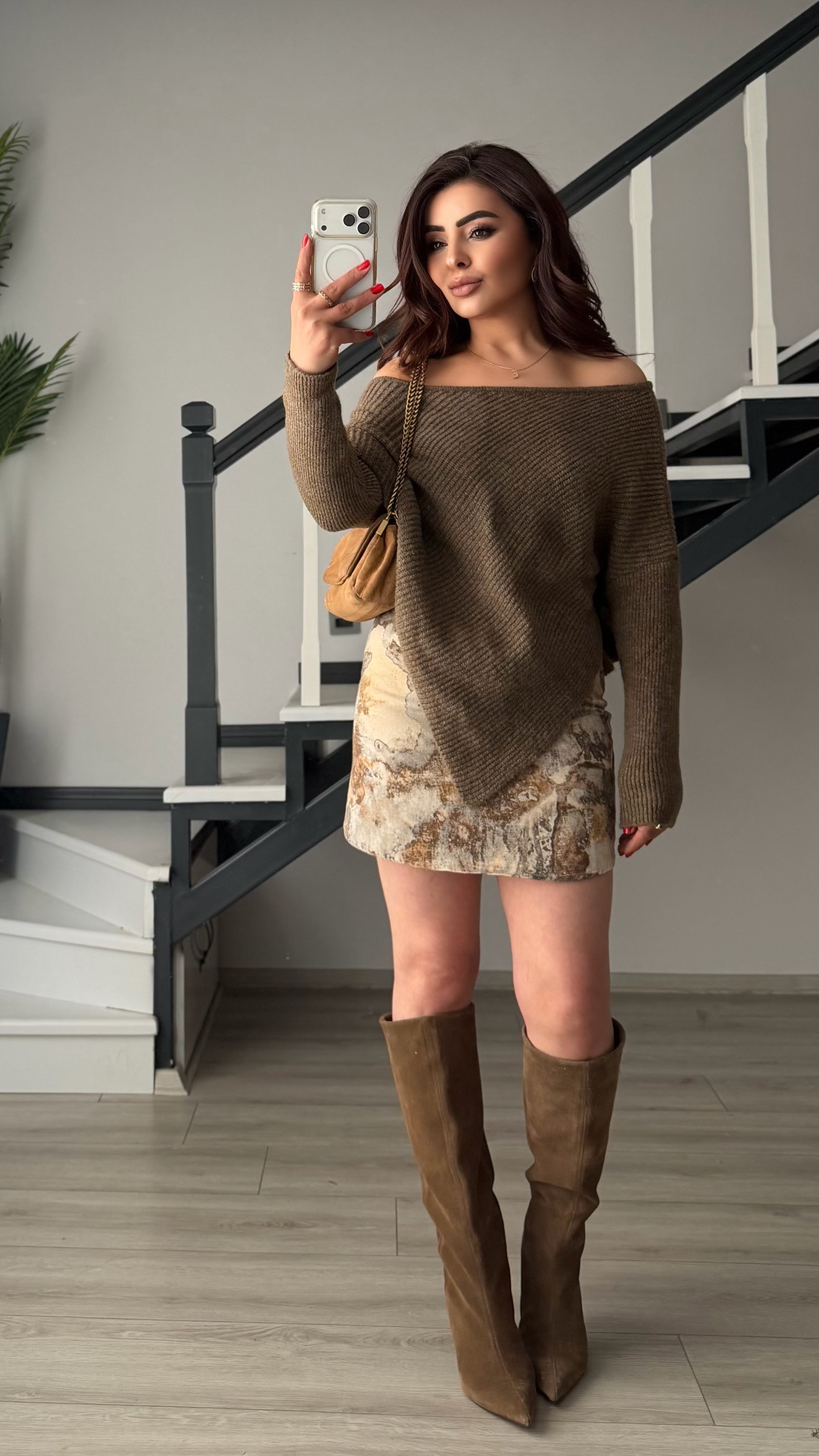 Brown and Cream Ethnic Print Mini Skirt