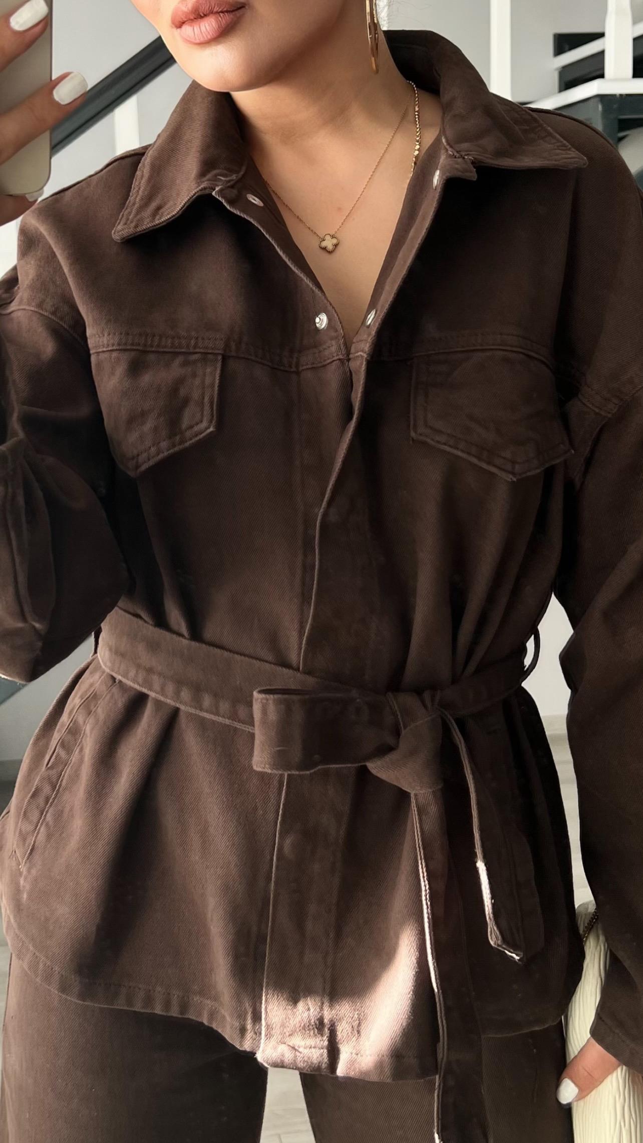 Kahve Marka Model Belden Bağlamalı Denim Takım