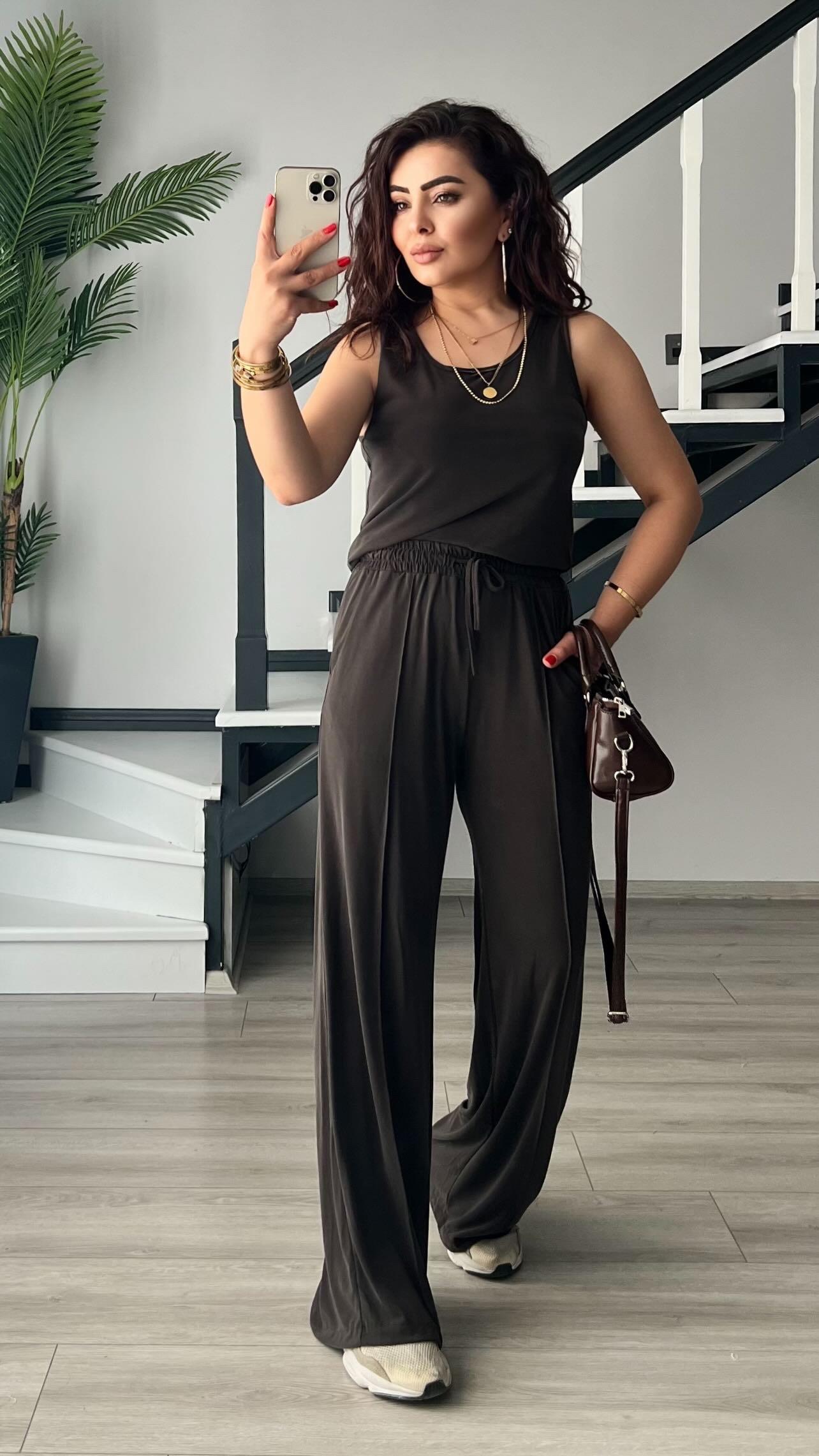 Coffee-colored Modal Fabric Tank Top and Trousers Set