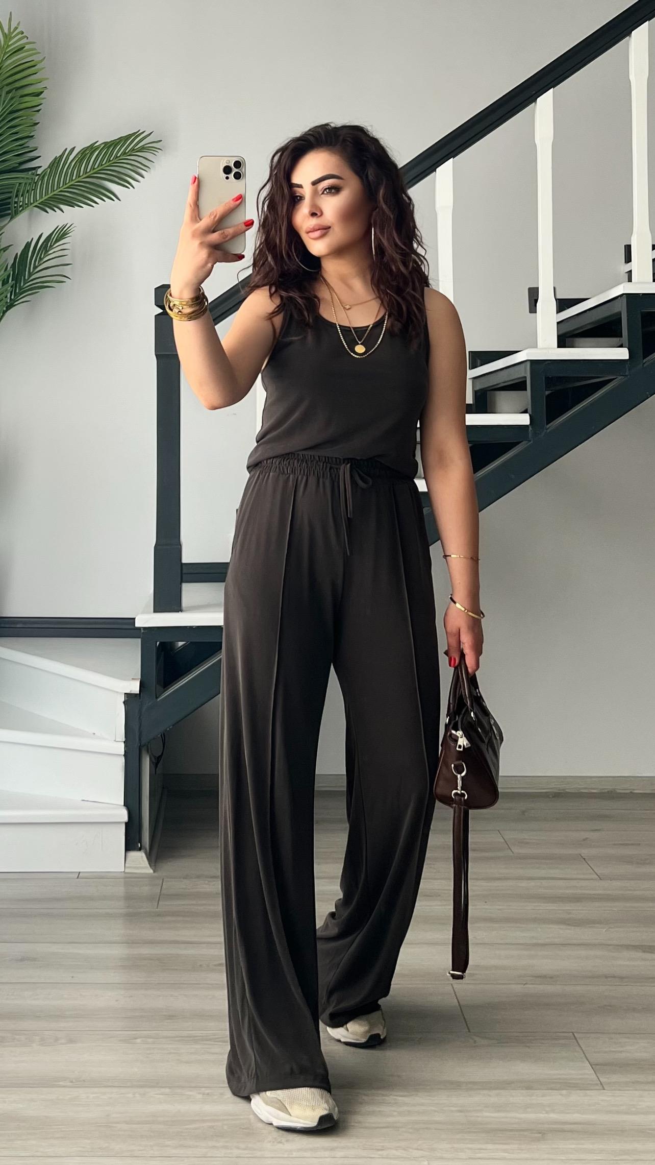 Coffee-colored Modal Fabric Tank Top and Trousers Set