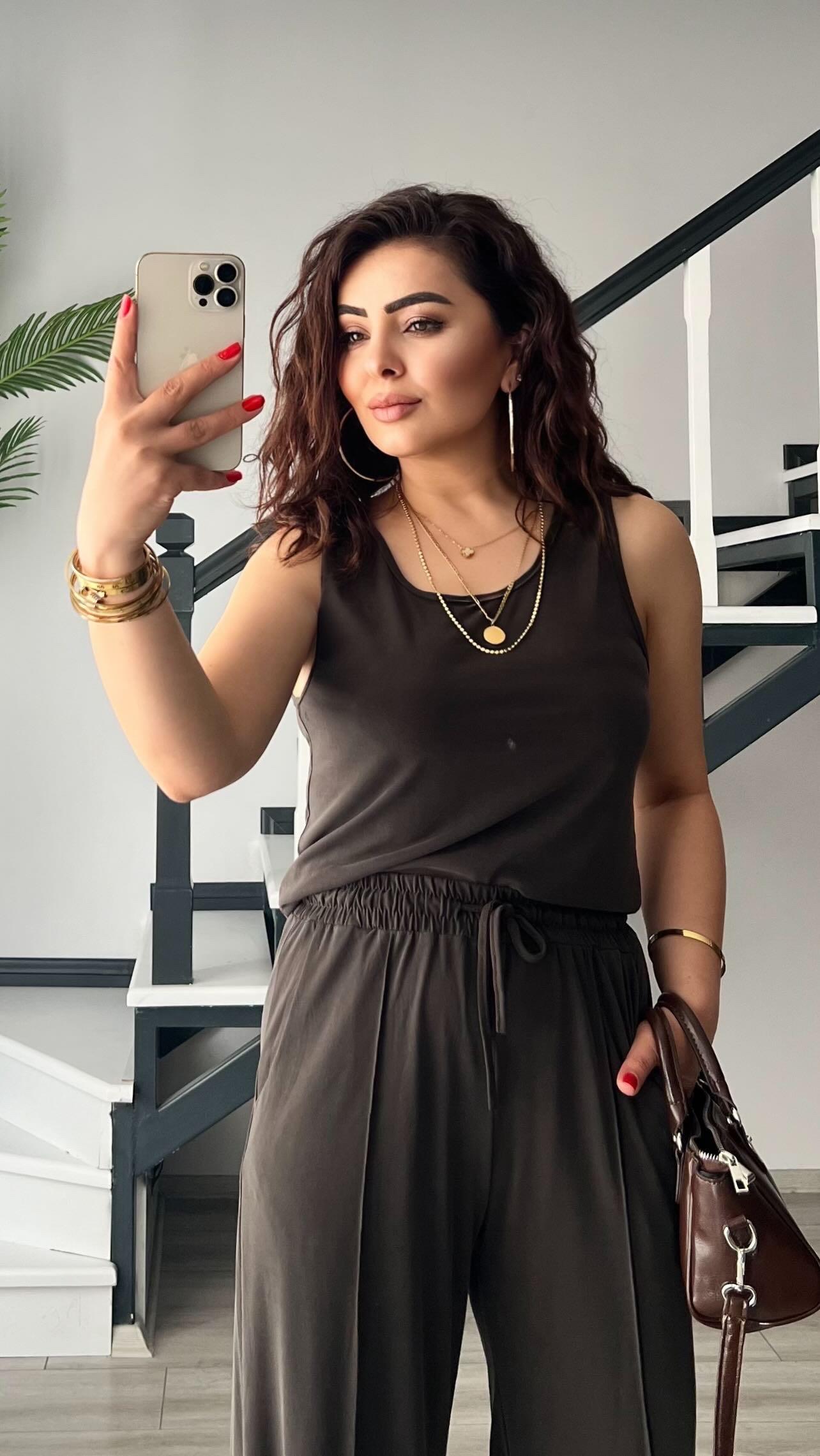 Coffee-colored Modal Fabric Tank Top and Trousers Set