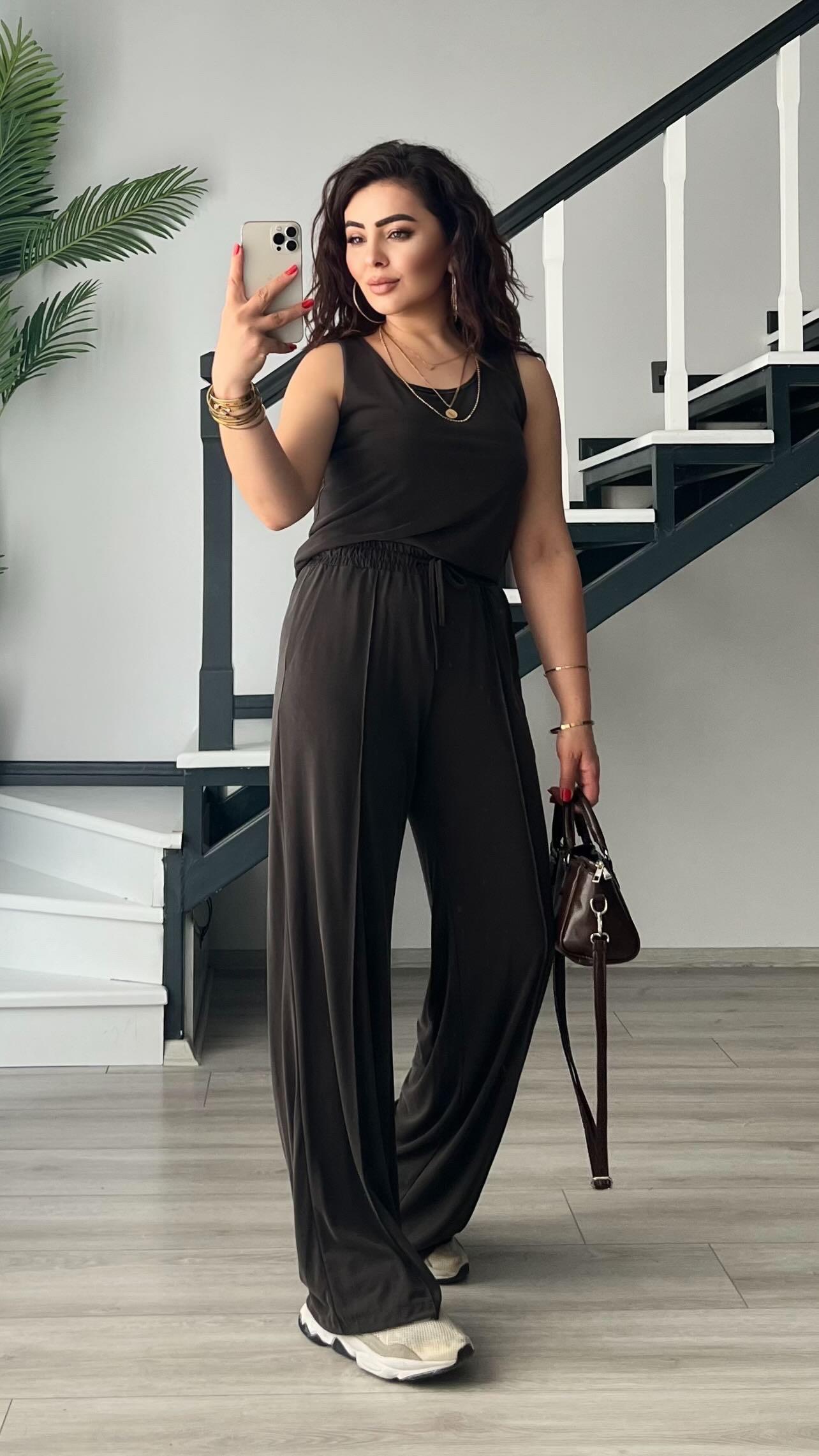 Coffee-colored Modal Fabric Tank Top and Trousers Set