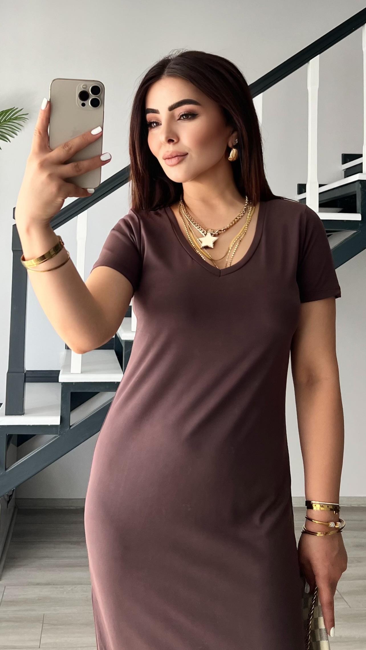 Coffee-colored Modal V-neck Slit Dress