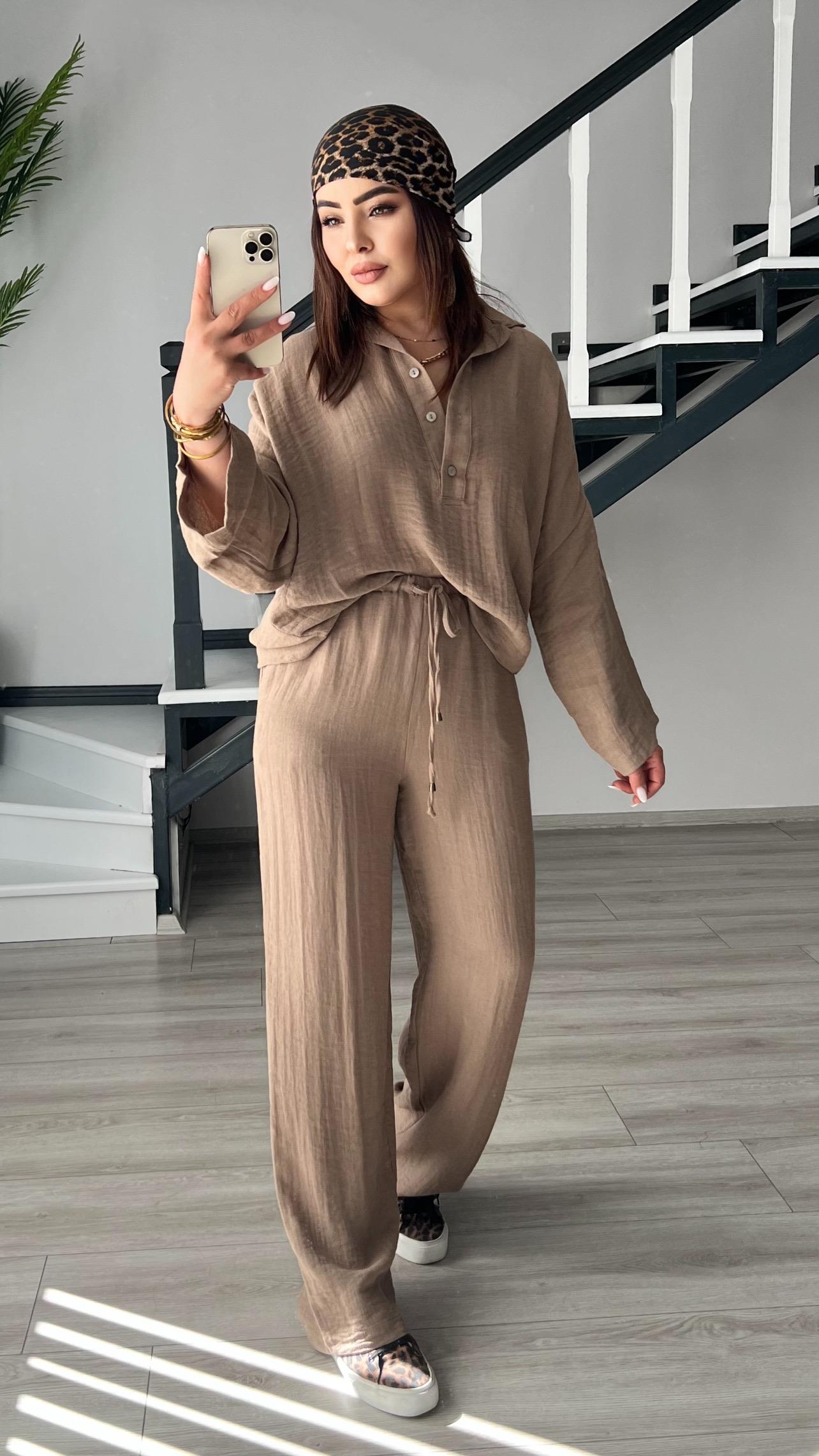Coffee Brown Polo Collar Button-Down Shirt and Trousers Linen Set