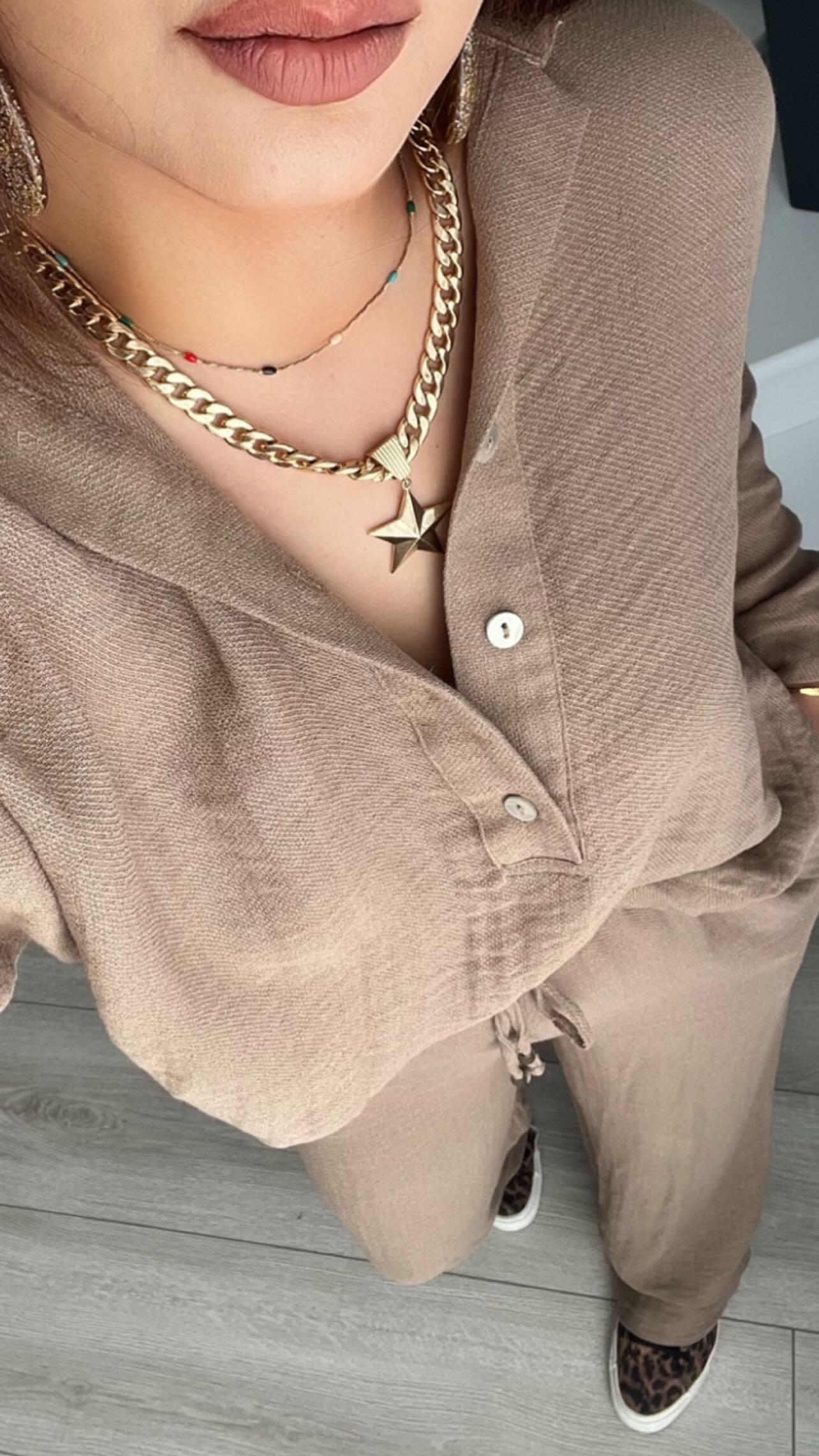 Coffee Brown Polo Collar Button-Down Shirt and Trousers Linen Set