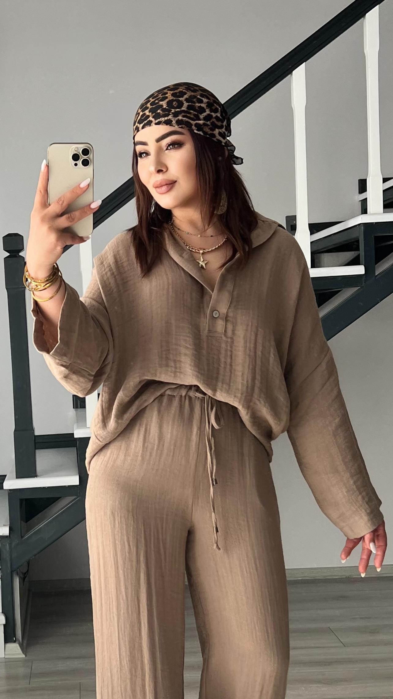 Coffee Brown Polo Collar Button-Down Shirt and Trousers Linen Set
